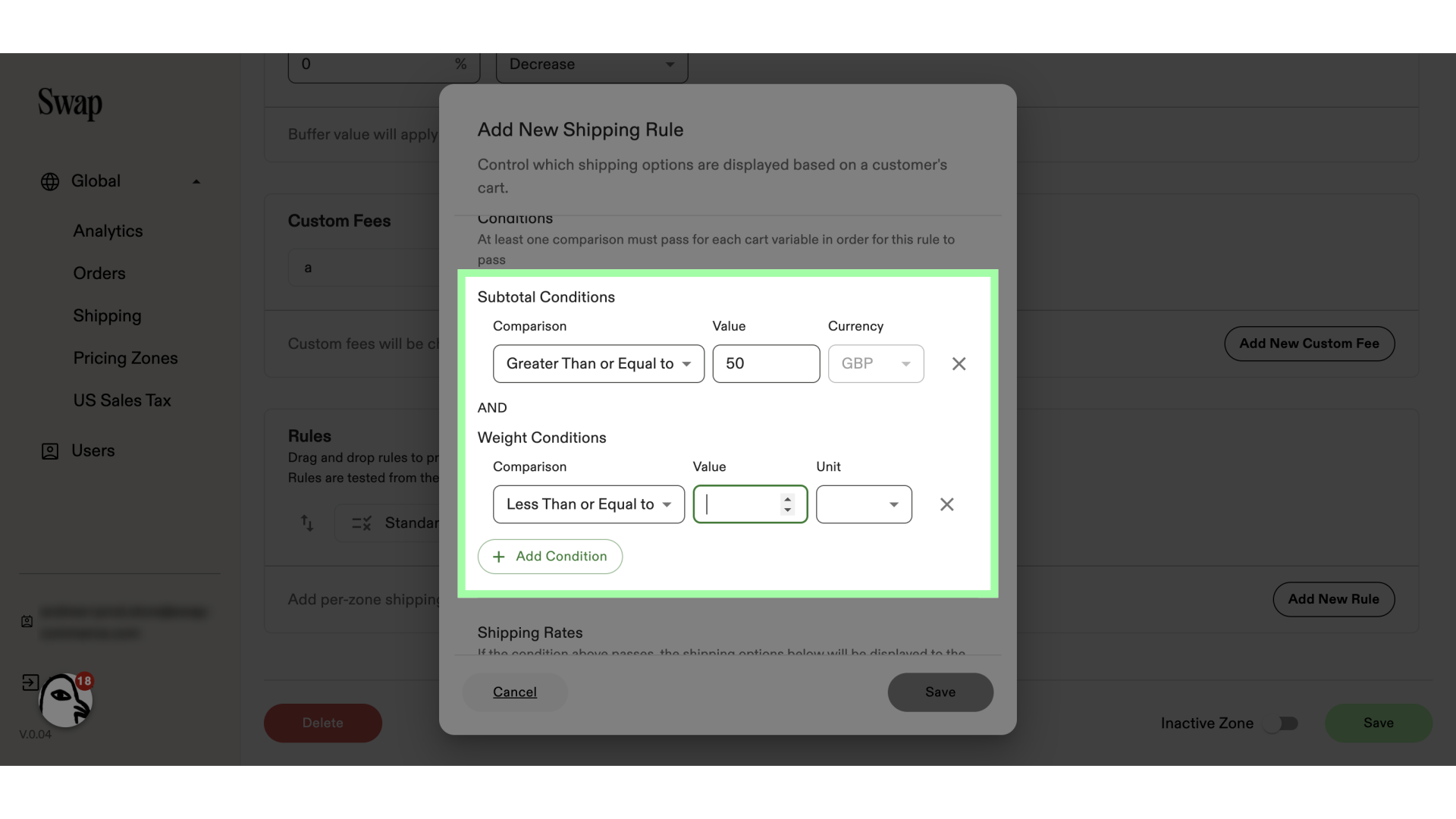 If using the 'subtotal' and 'weight' conditions, they both need to pass for a rule to apply