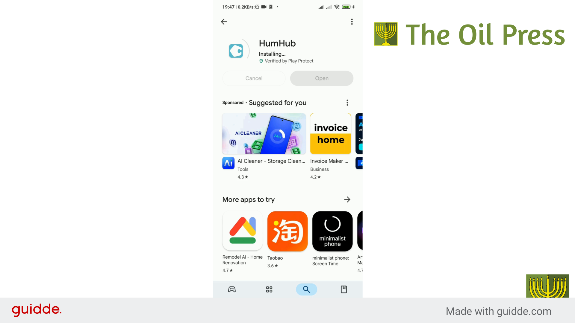 Screenshot: Tap Open after HumHub installation