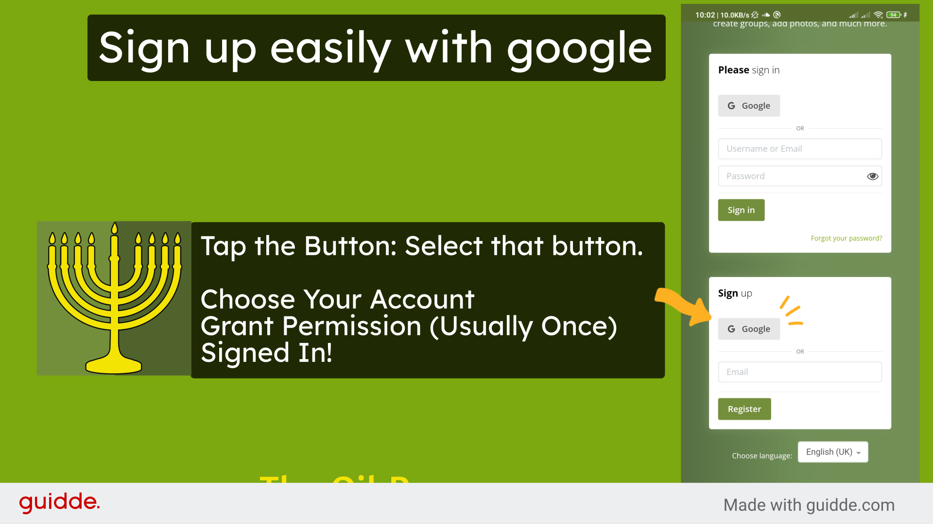Screenshot: Use the Google button to sign up or log in