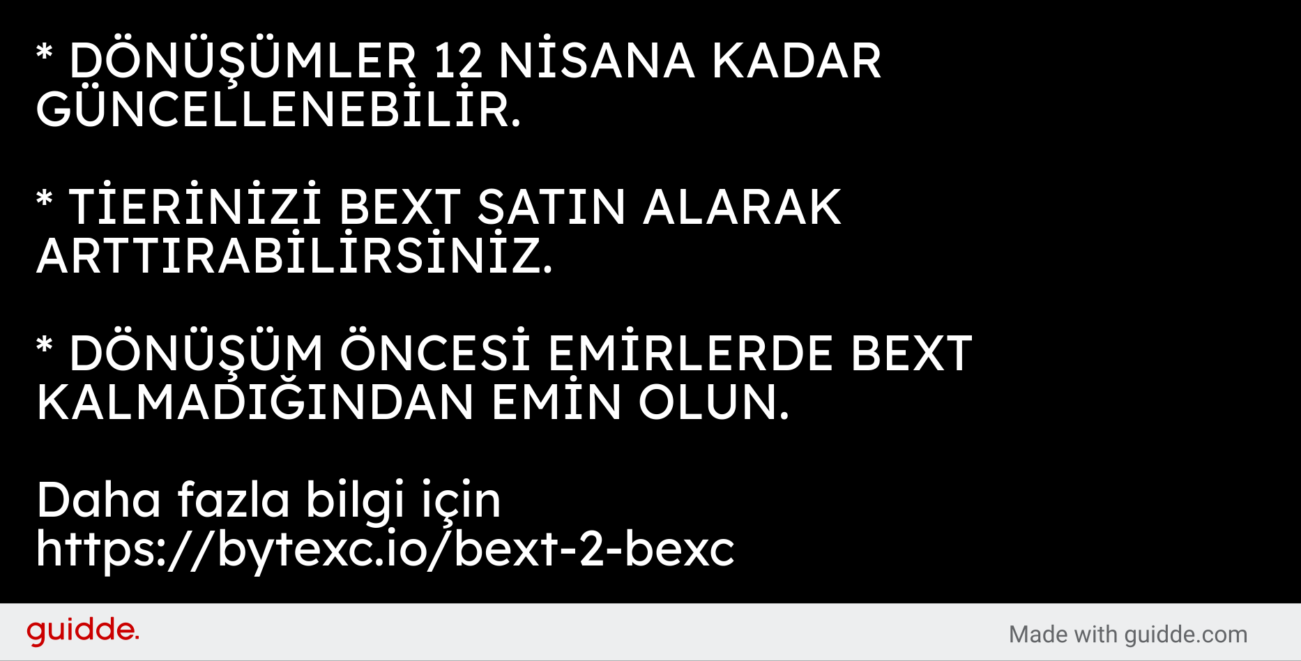 * DÖNÜŞÜMLER 12 NİSANA KADAR GÜNCELLENEBİLİR.

* TİERİNİZİ BEXT SATIN ALARAK ARTTIRABİLİRSİNİZ.

* DÖNÜŞÜM ÖNCESİ EMİRLERDE BEXT KALMADIĞINDAN EMİN OLUN.
 /> <div style=