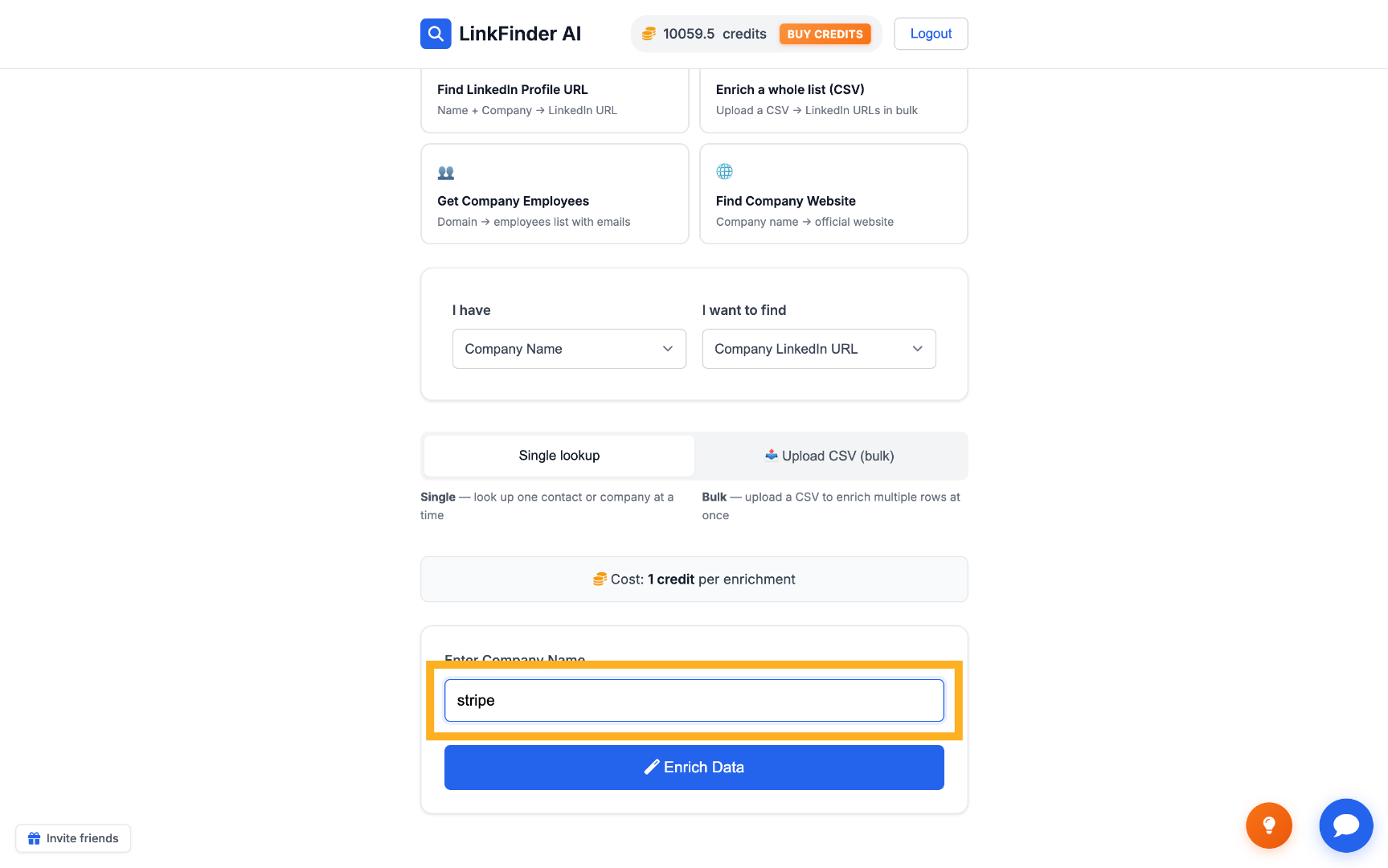 Example company name entered