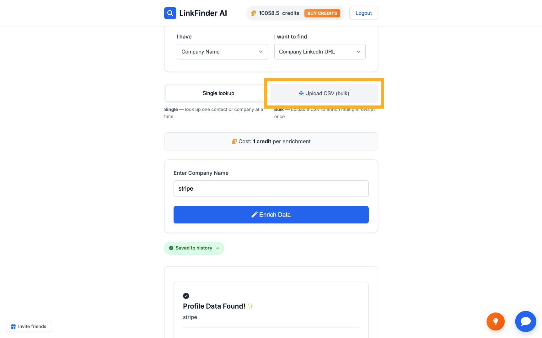 Upload CSV for bulk company lookups