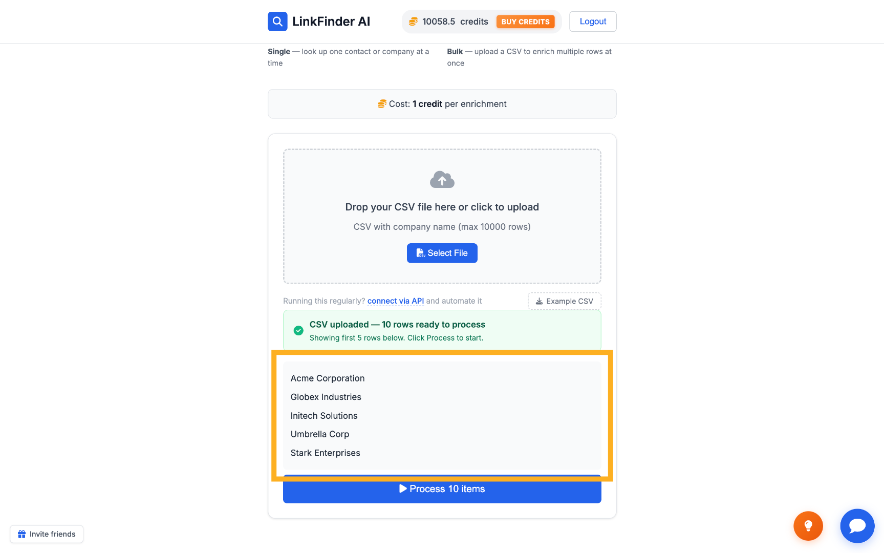 Preview the imported company list