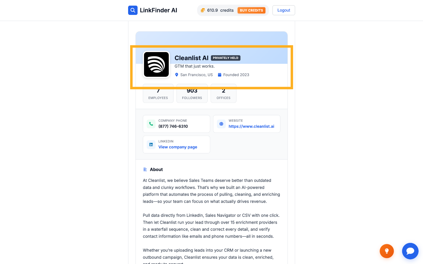 View the enriched company data result