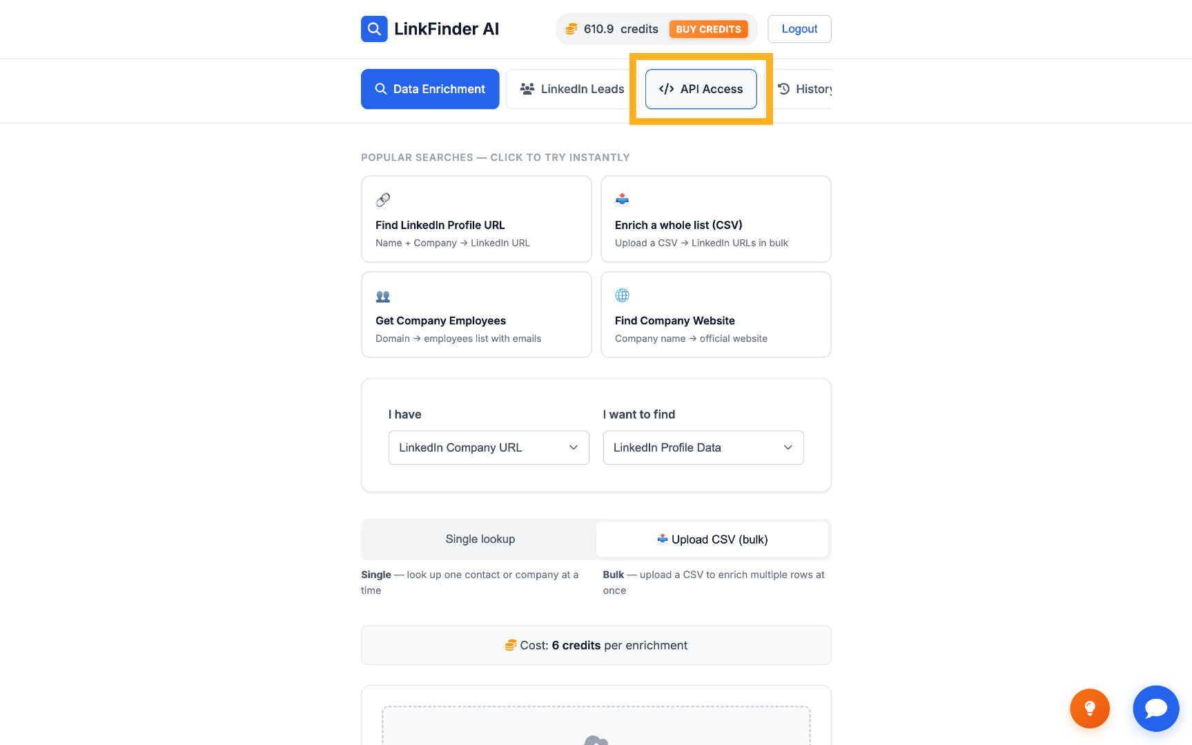 Access the API section