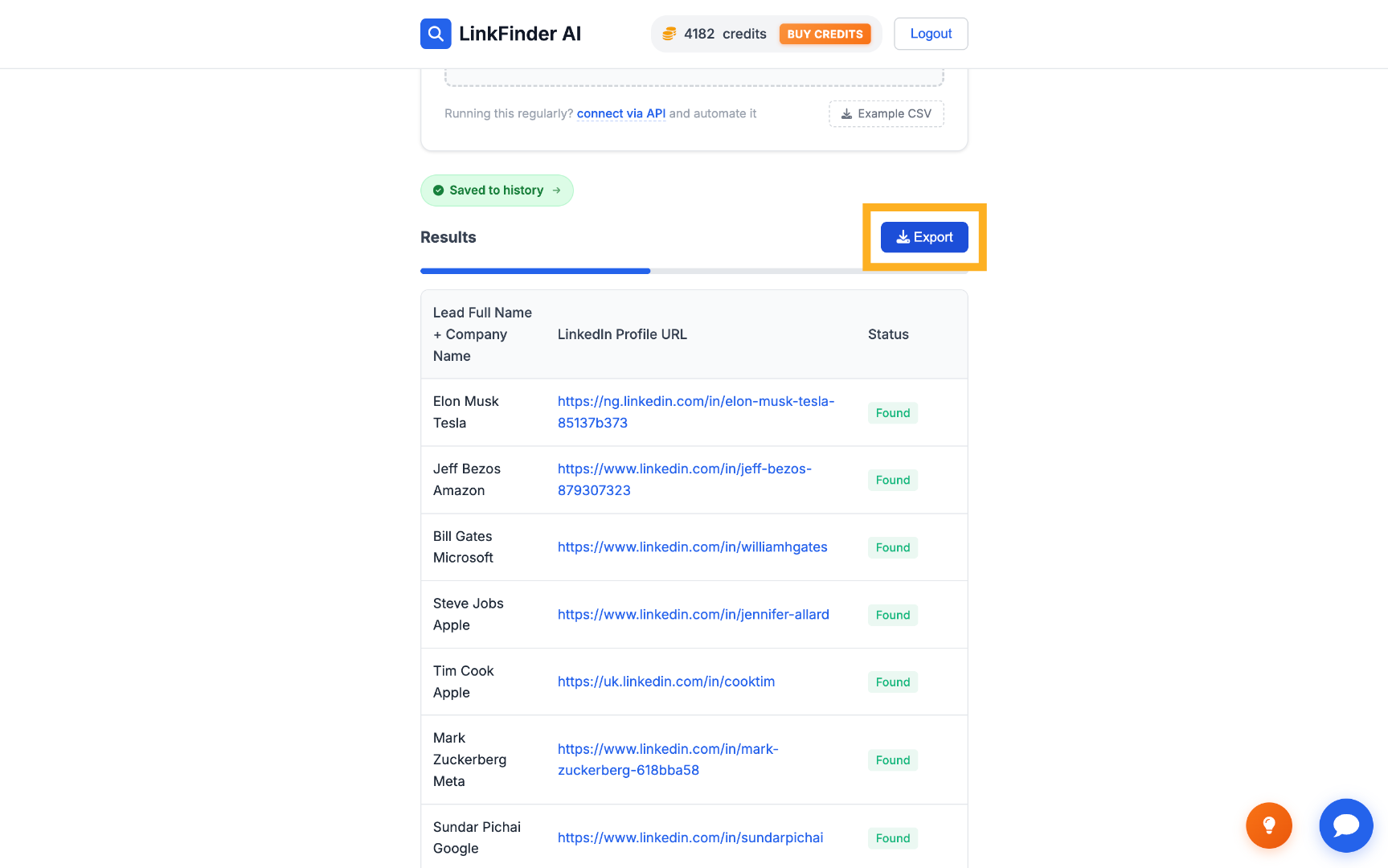 Export LinkedIn URLs