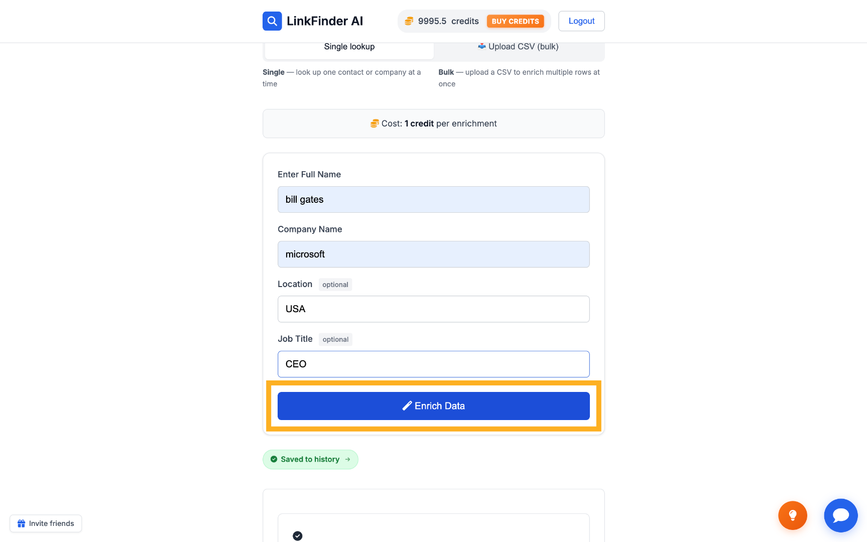 Clicking Enrich Data to start the LinkedIn URL search