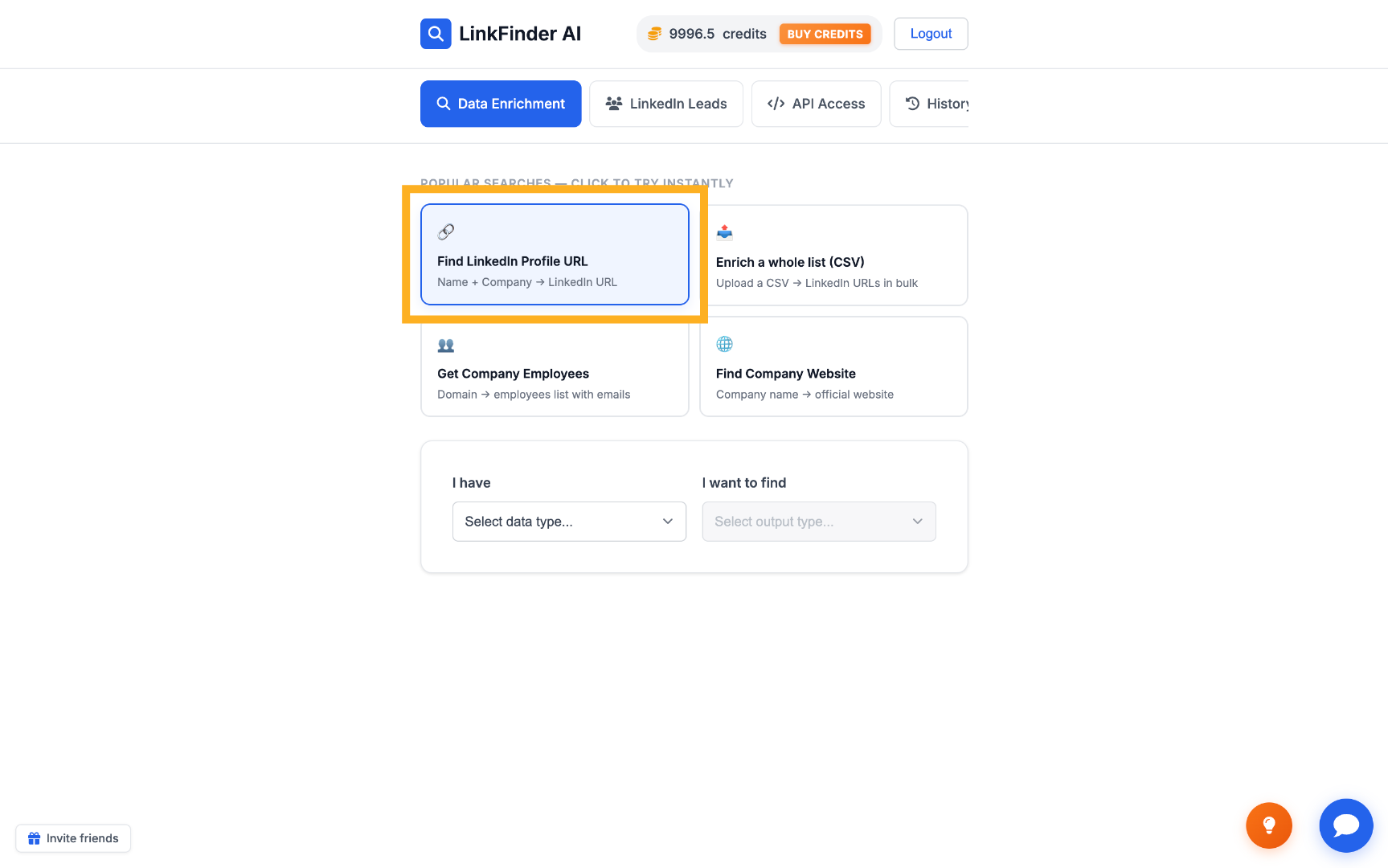 LinkFinder AI dashboard with LinkedIn profile URL option highlighted
