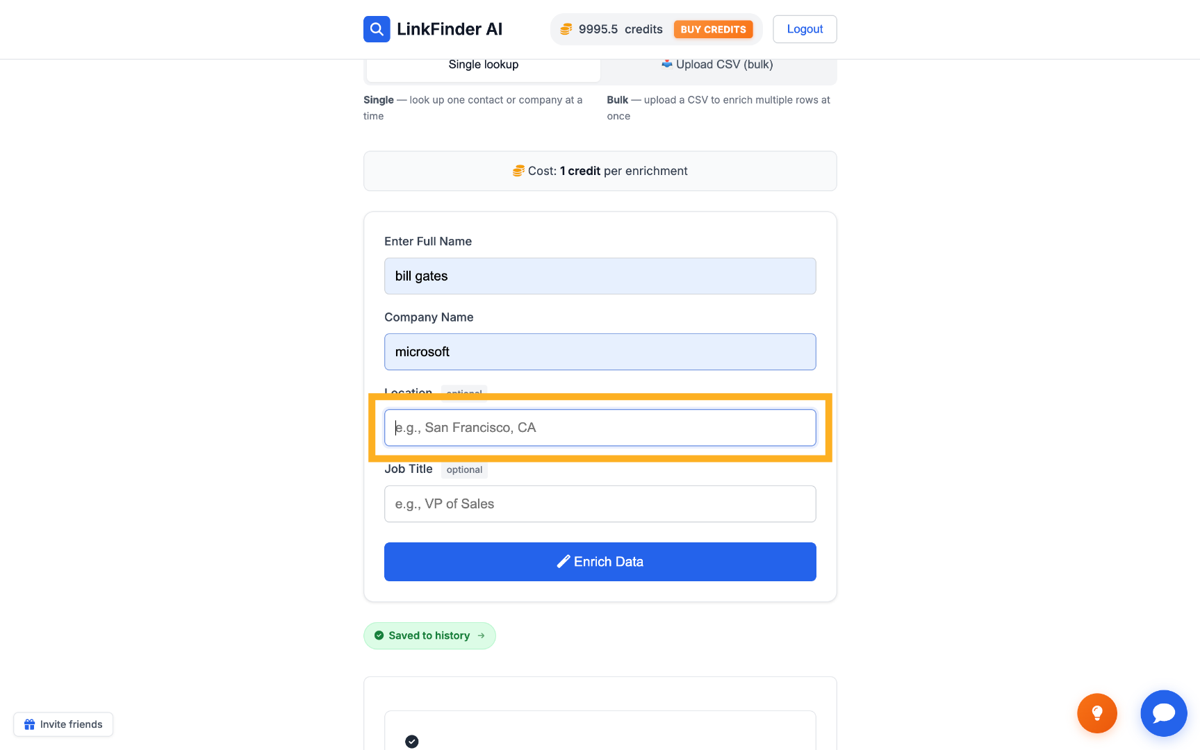 Optional location field for the LinkedIn URL search