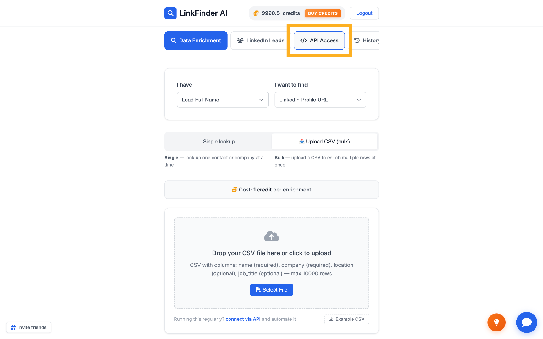 Accessing the API section from the dashboard