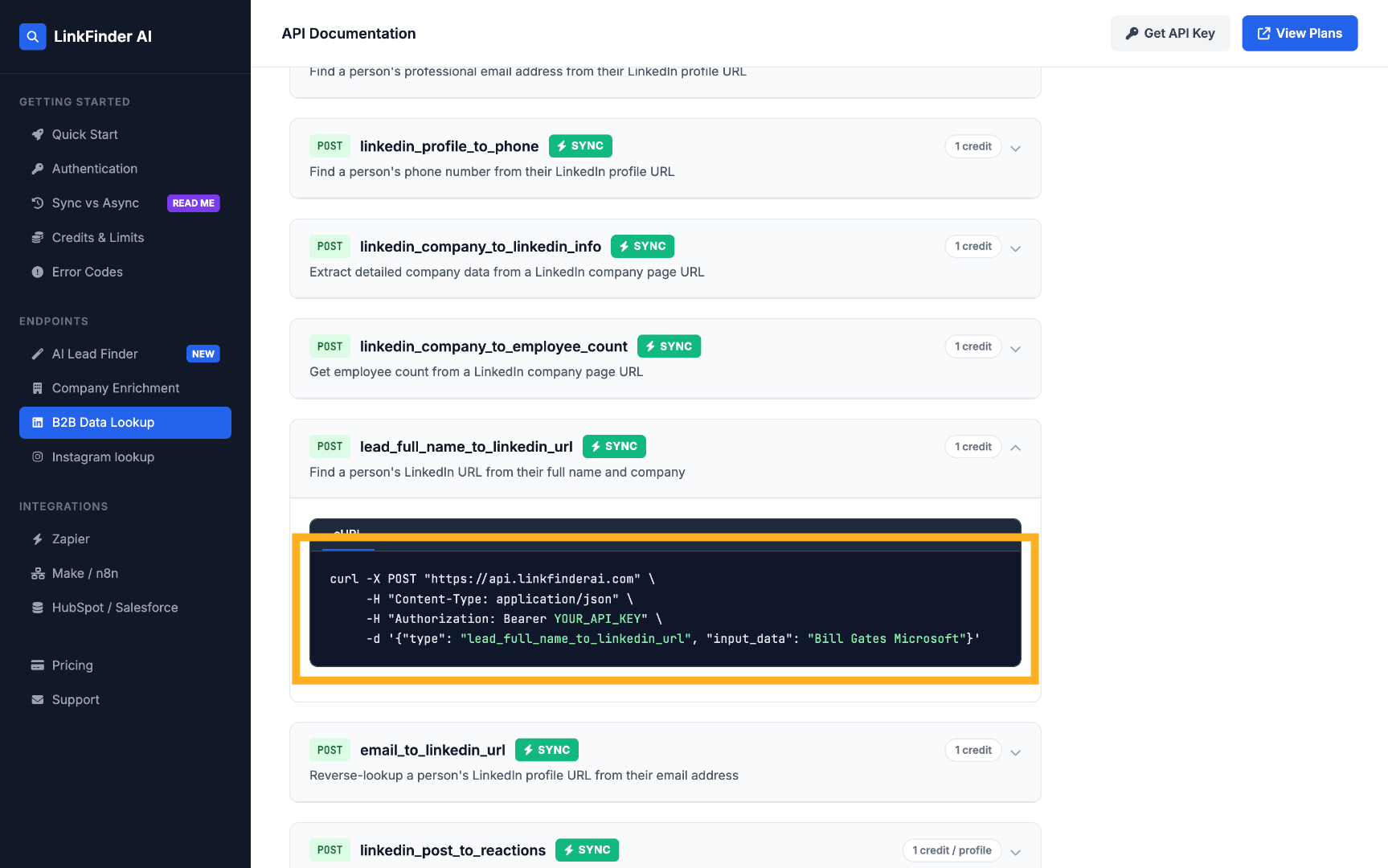 Viewing the API call example with cURL