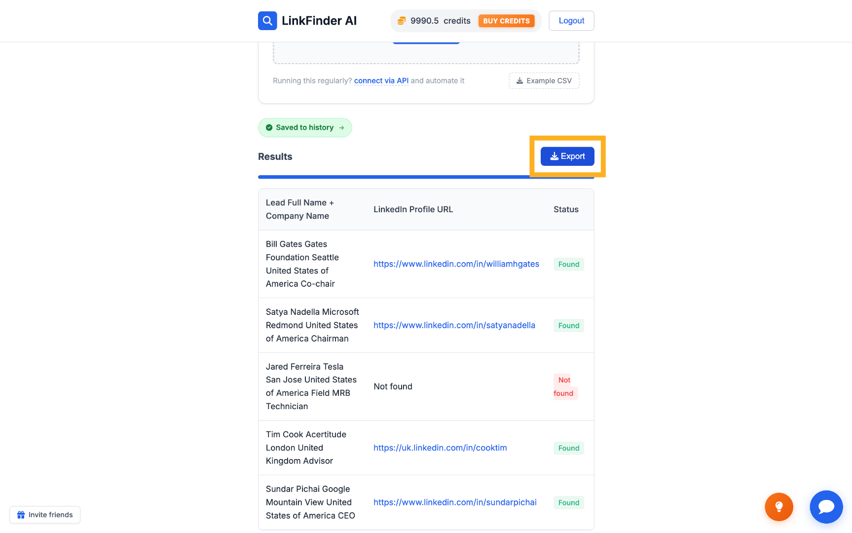 Exporting enriched LinkedIn URLs as a CSV file