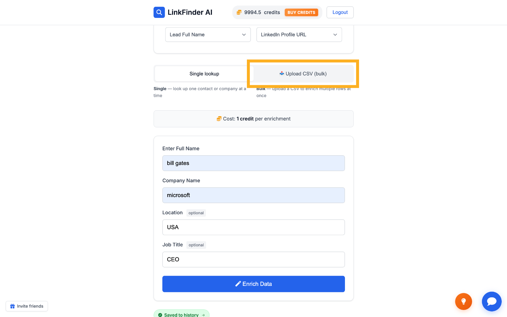 Selecting the upload CSV bulk option