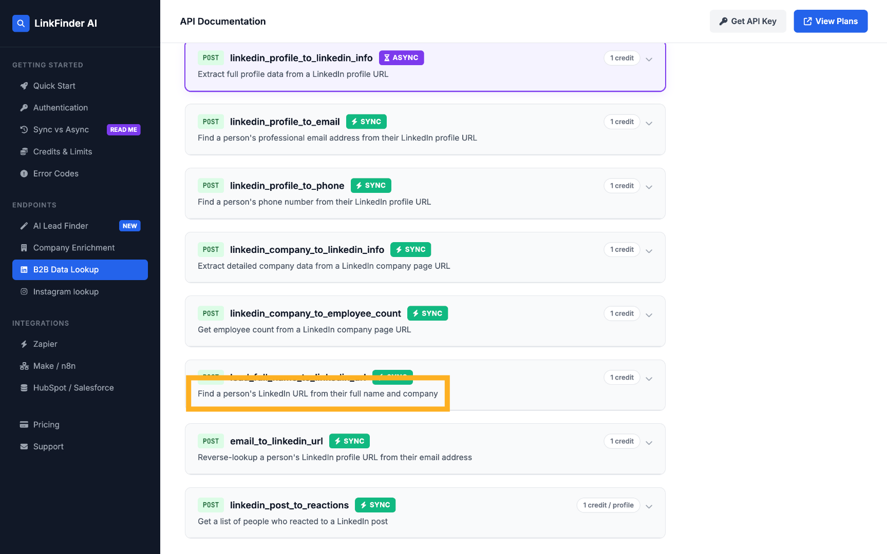 Choosing the LinkedIn URL lookup endpoint