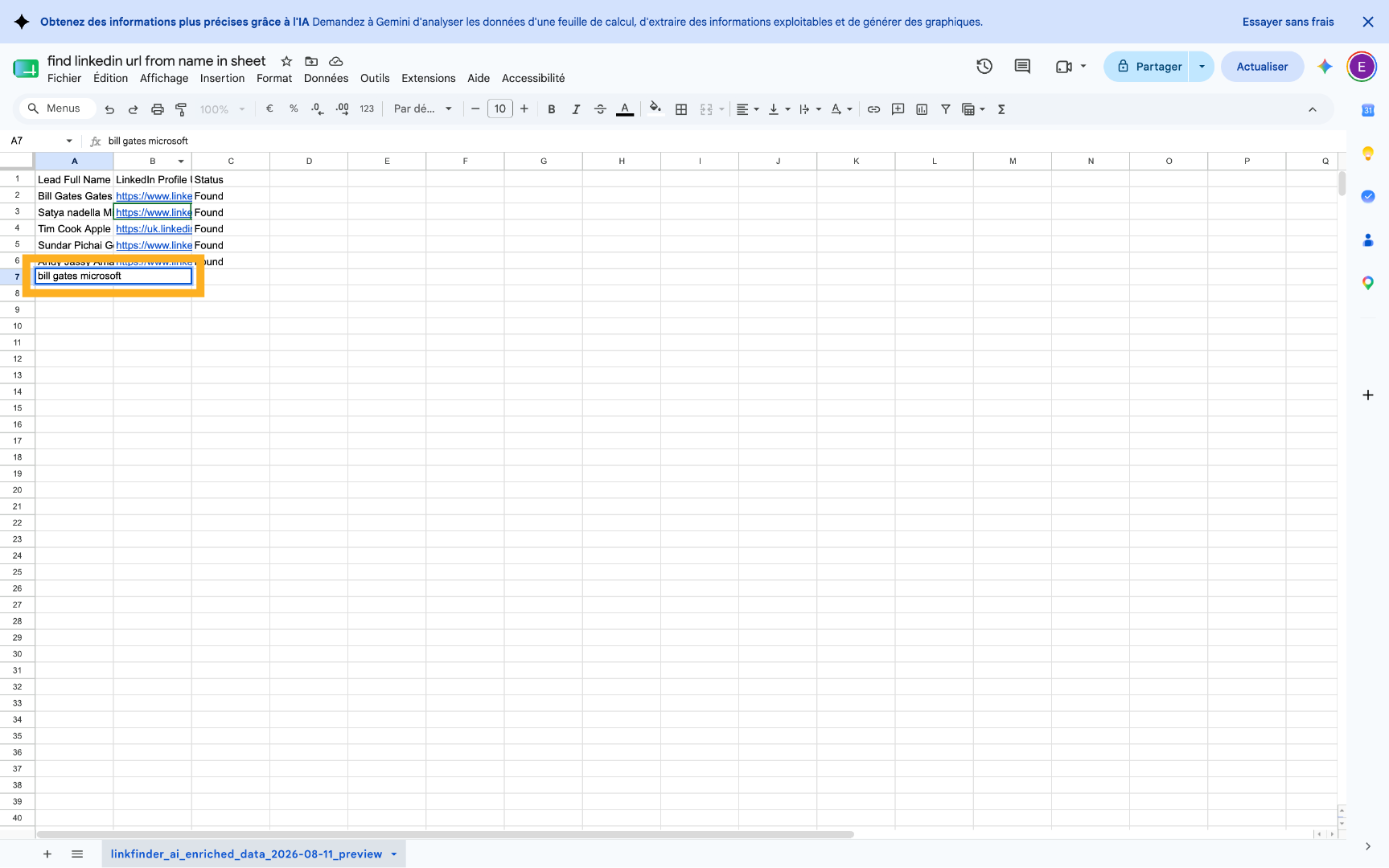 Type a new lead into the sheet and watch it auto-enrich
