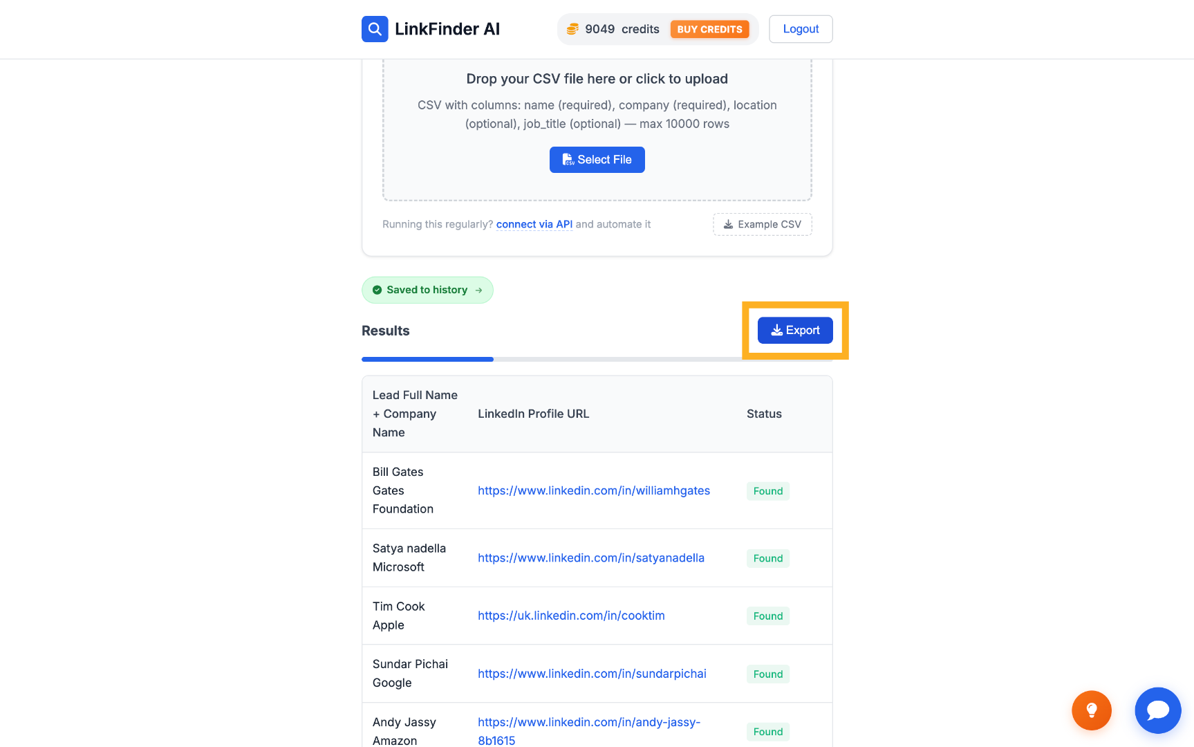 Export enriched LinkedIn URL data