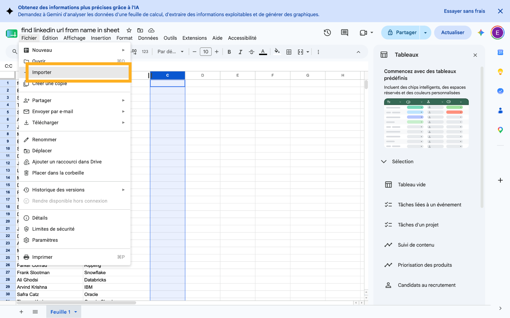 Import the enriched CSV into Google Sheets
