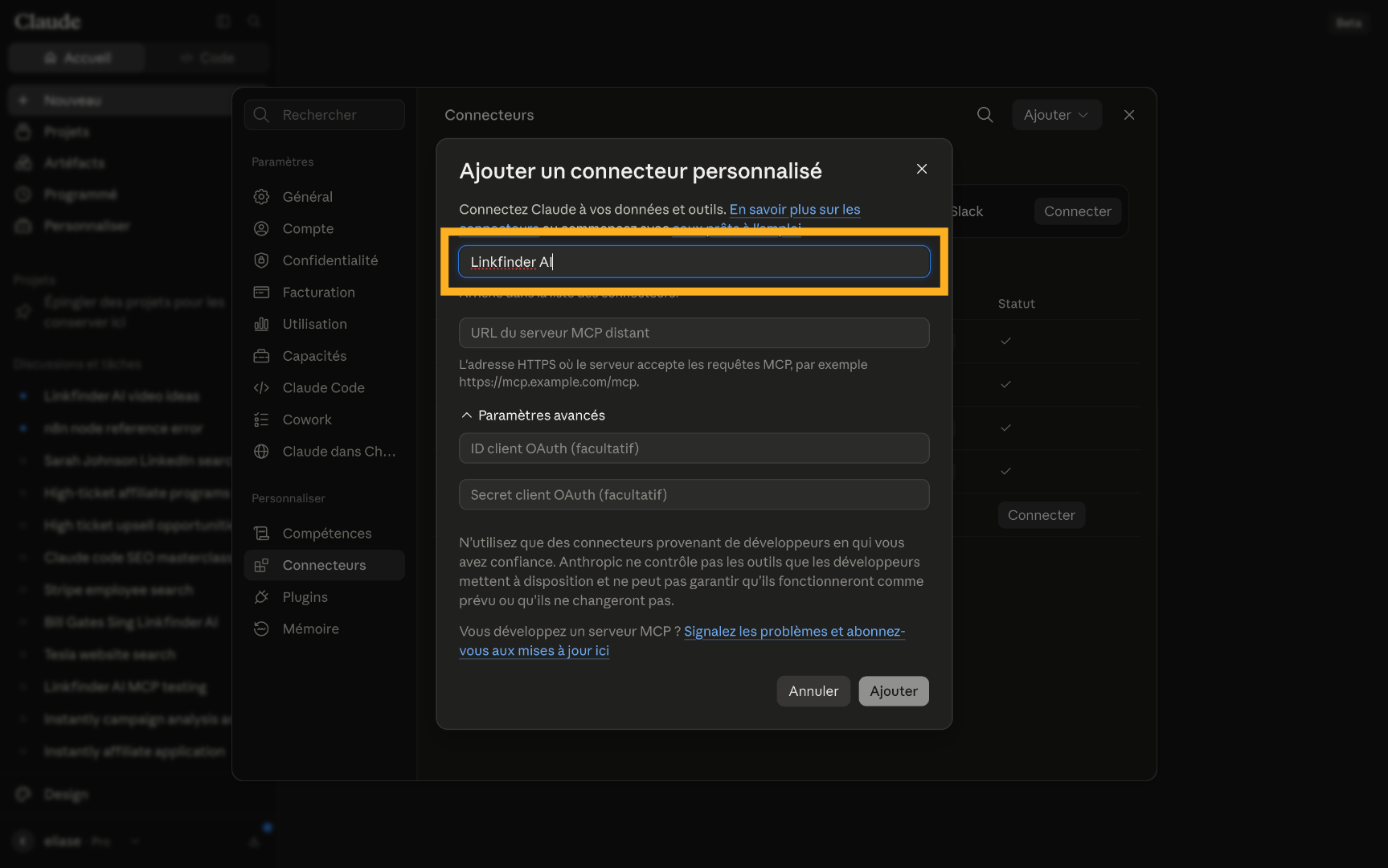 Enter LinkFinder AI as the connector name