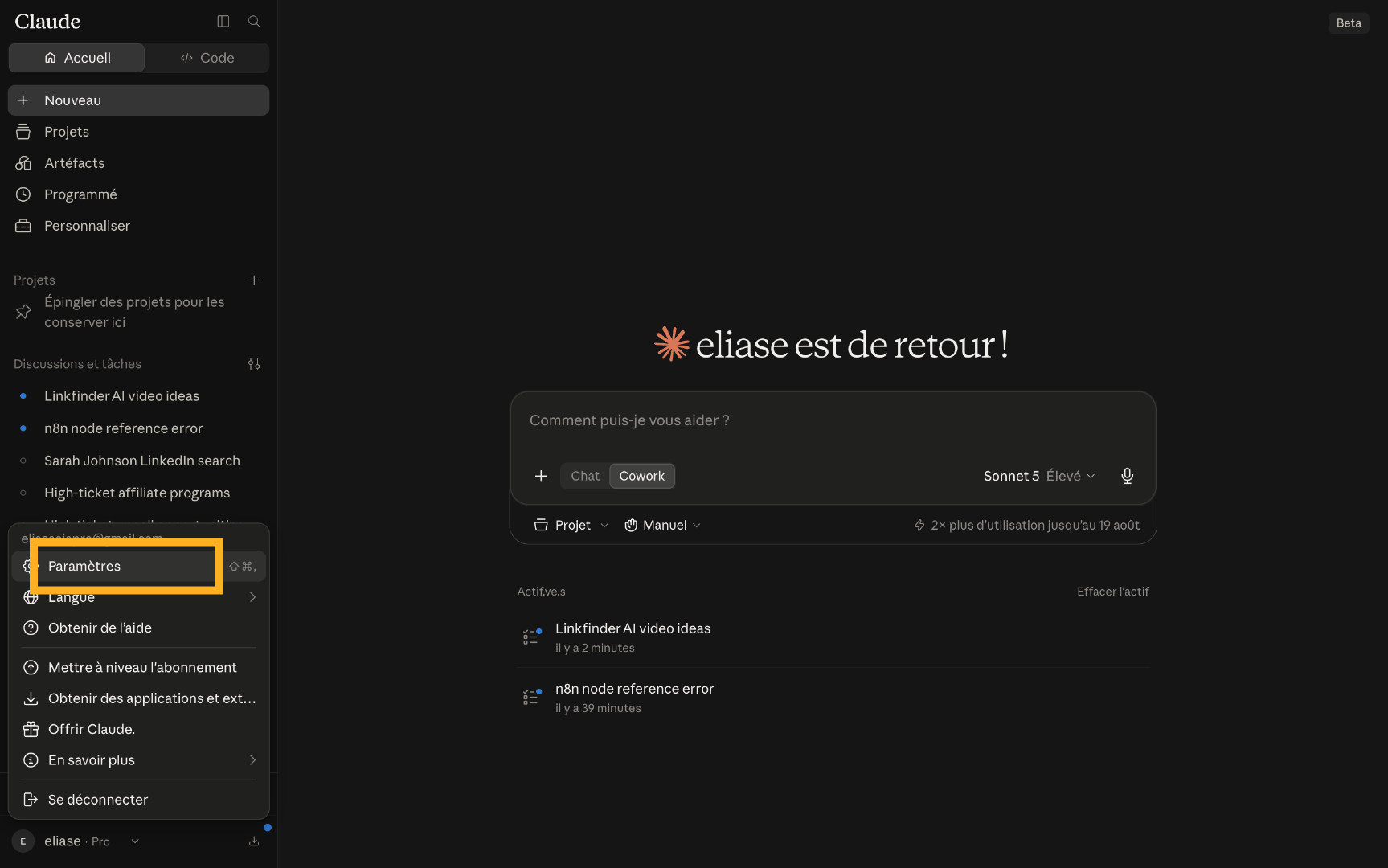 Open Claude's settings menu