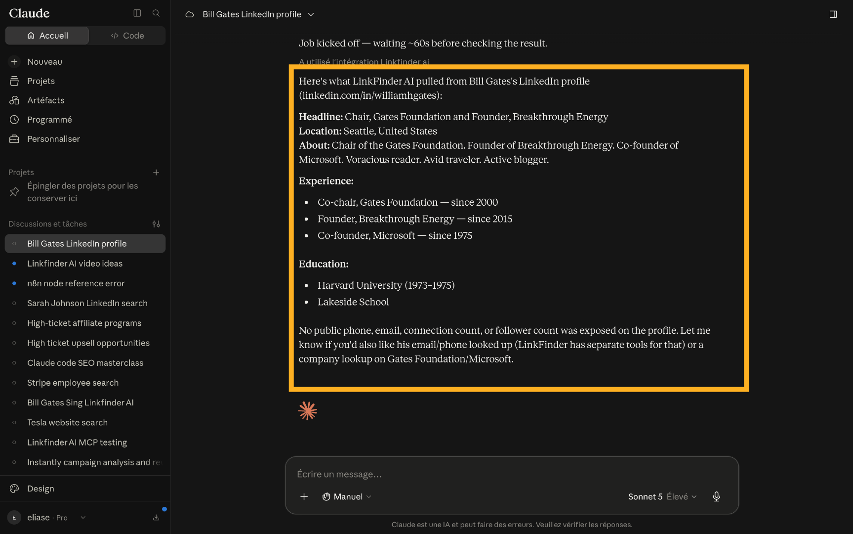 View the returned LinkedIn profile data