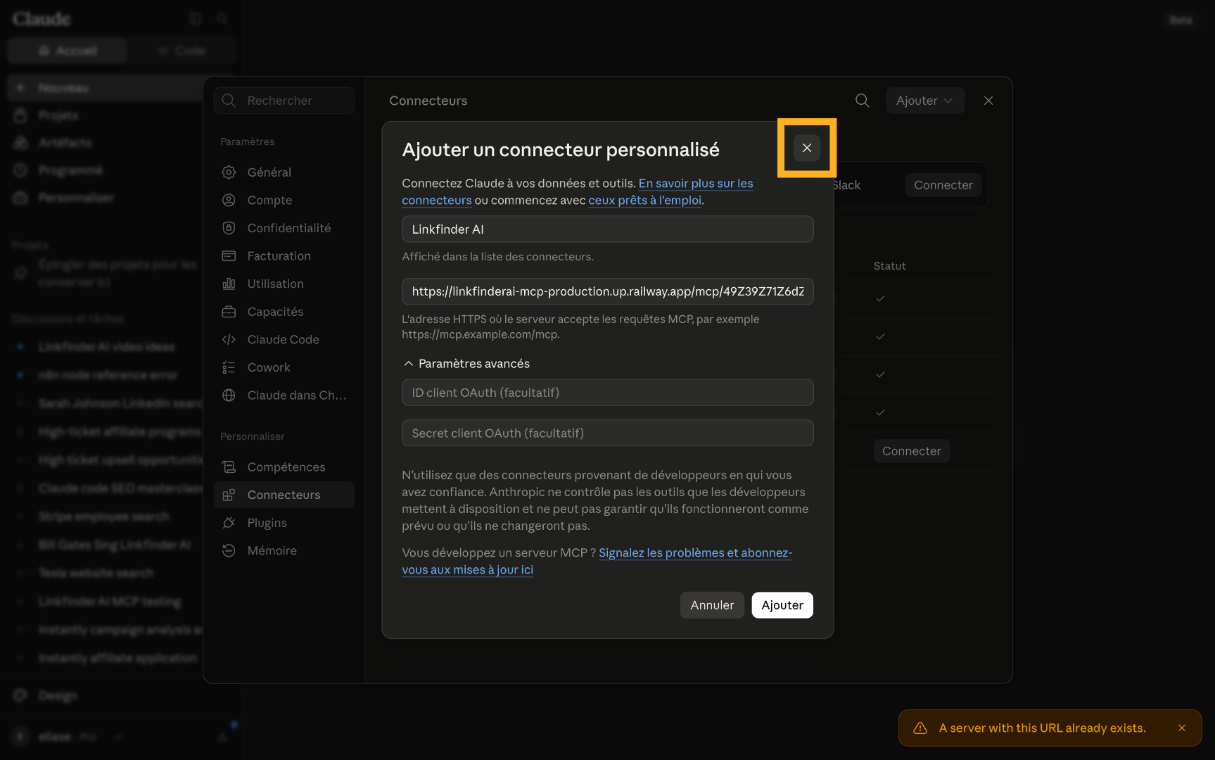 LinkFinder AI connector added to Claude