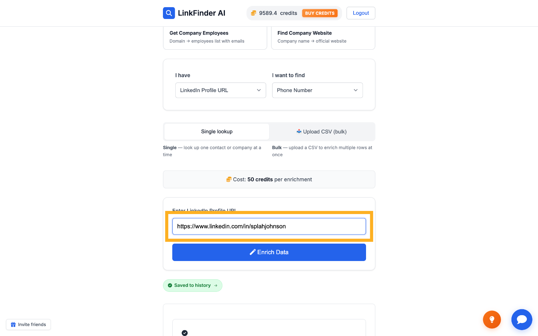 Paste the LinkedIn profile URL