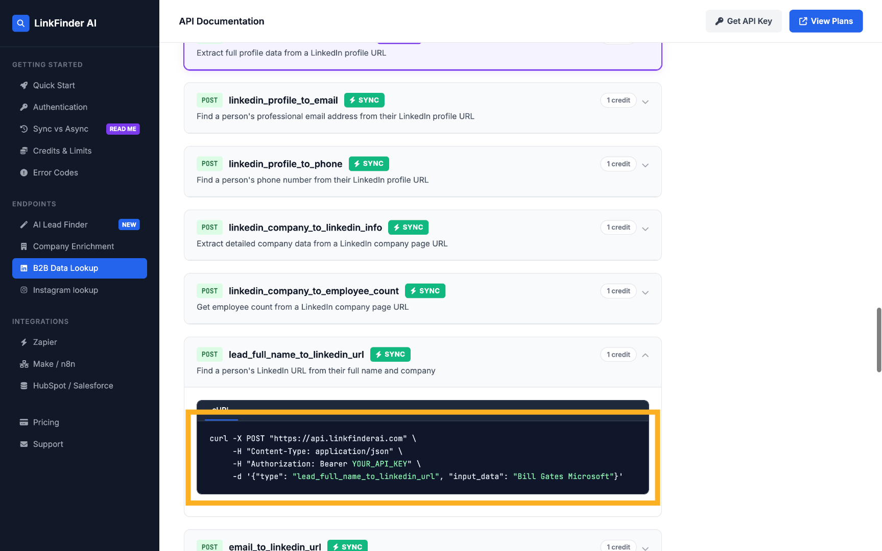 View API Curl Command for Lead Lookup