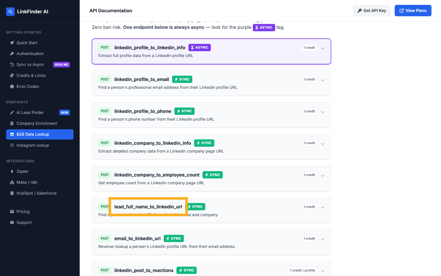 Select Lead Full Name to LinkedIn URL API