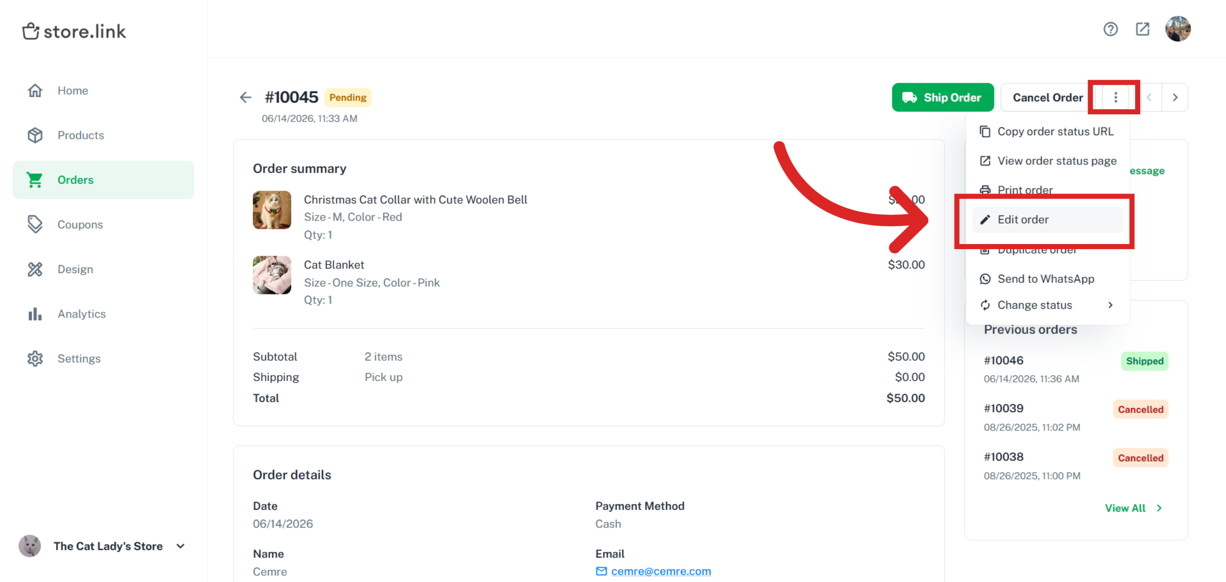 Edit Order Information