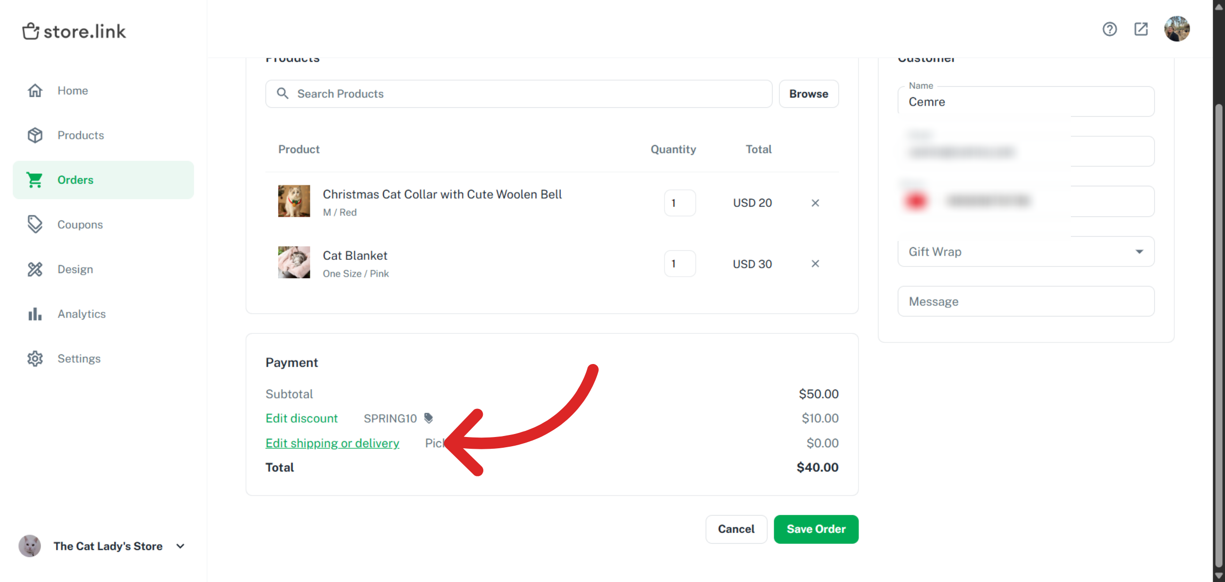 Edit Shipping or Delivery