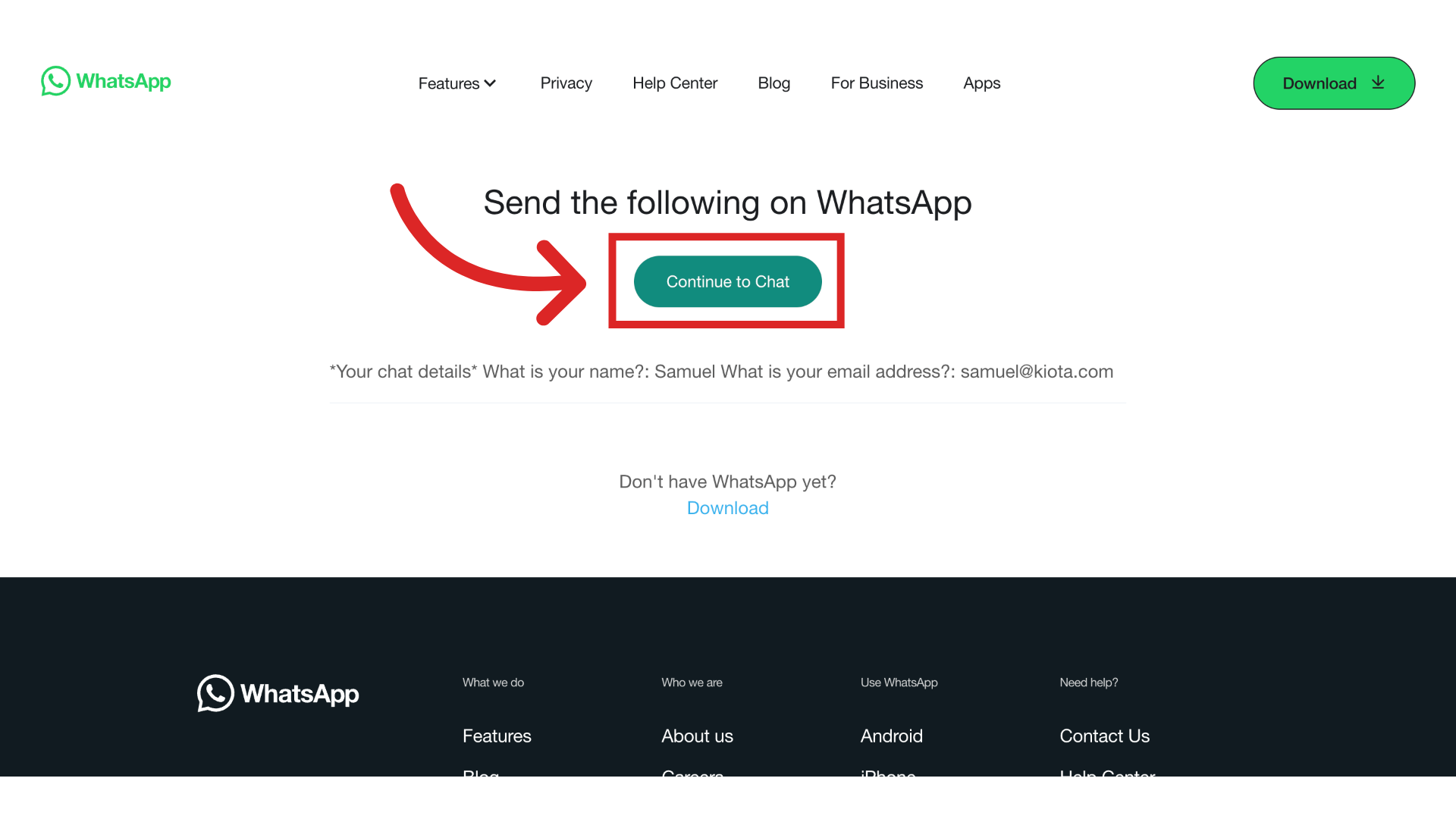 Click 'Send the following on WhatsAppContinue to Chat'