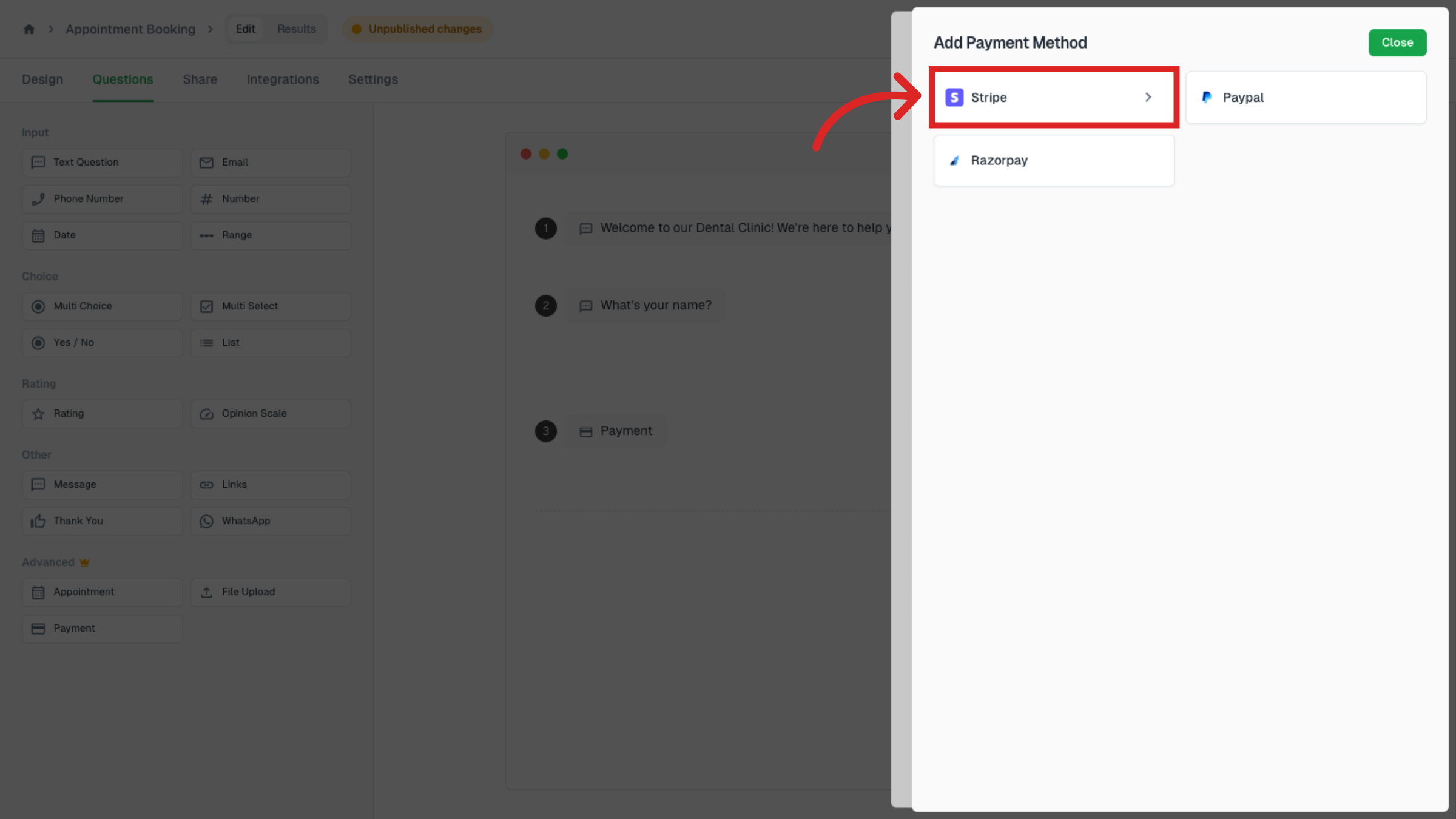 Select Stripe Payment Option