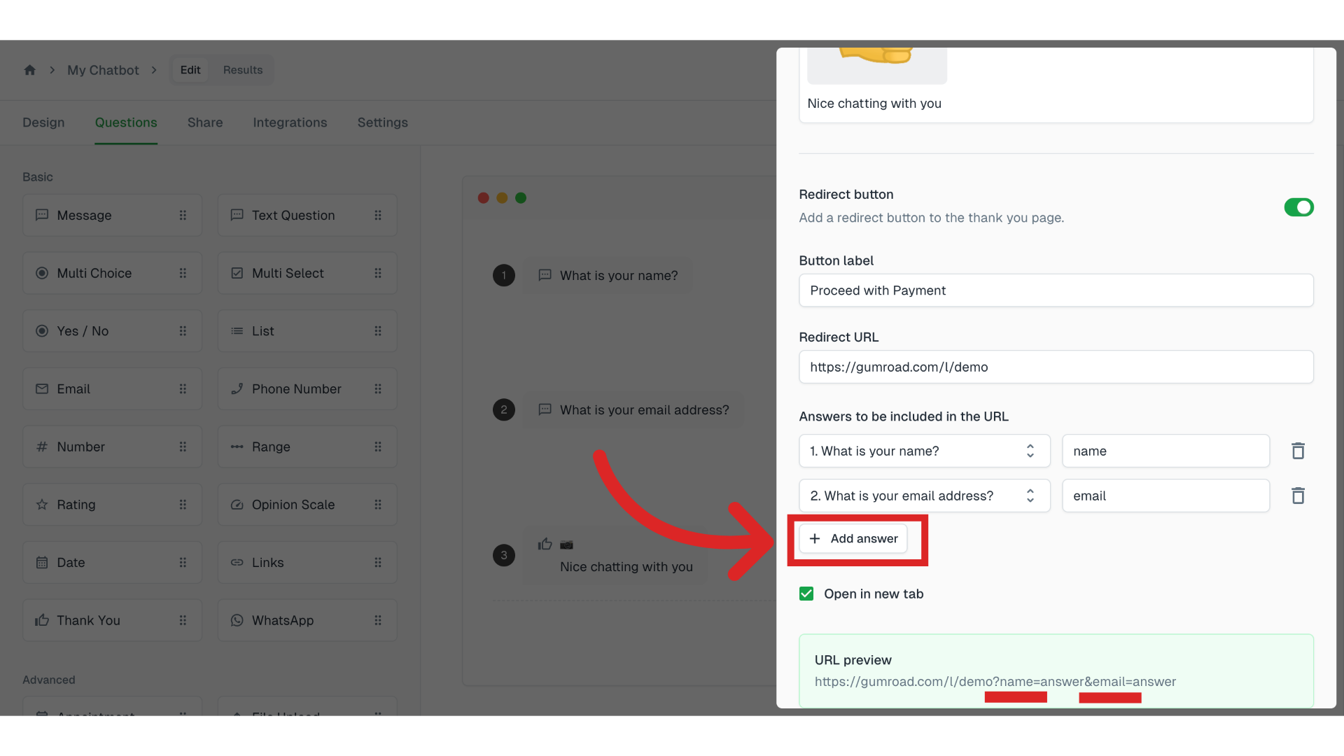 Click 'Answers to be included in the URL'