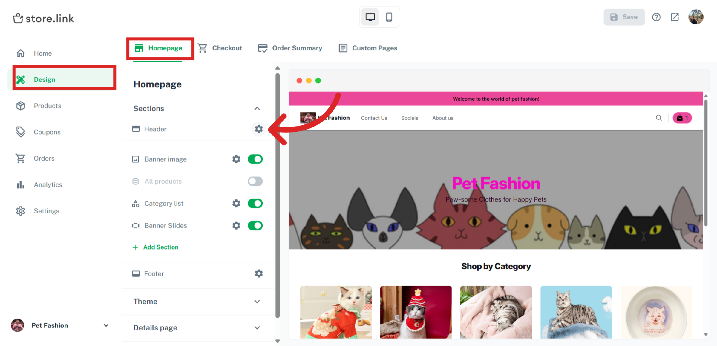 Open Design Settings