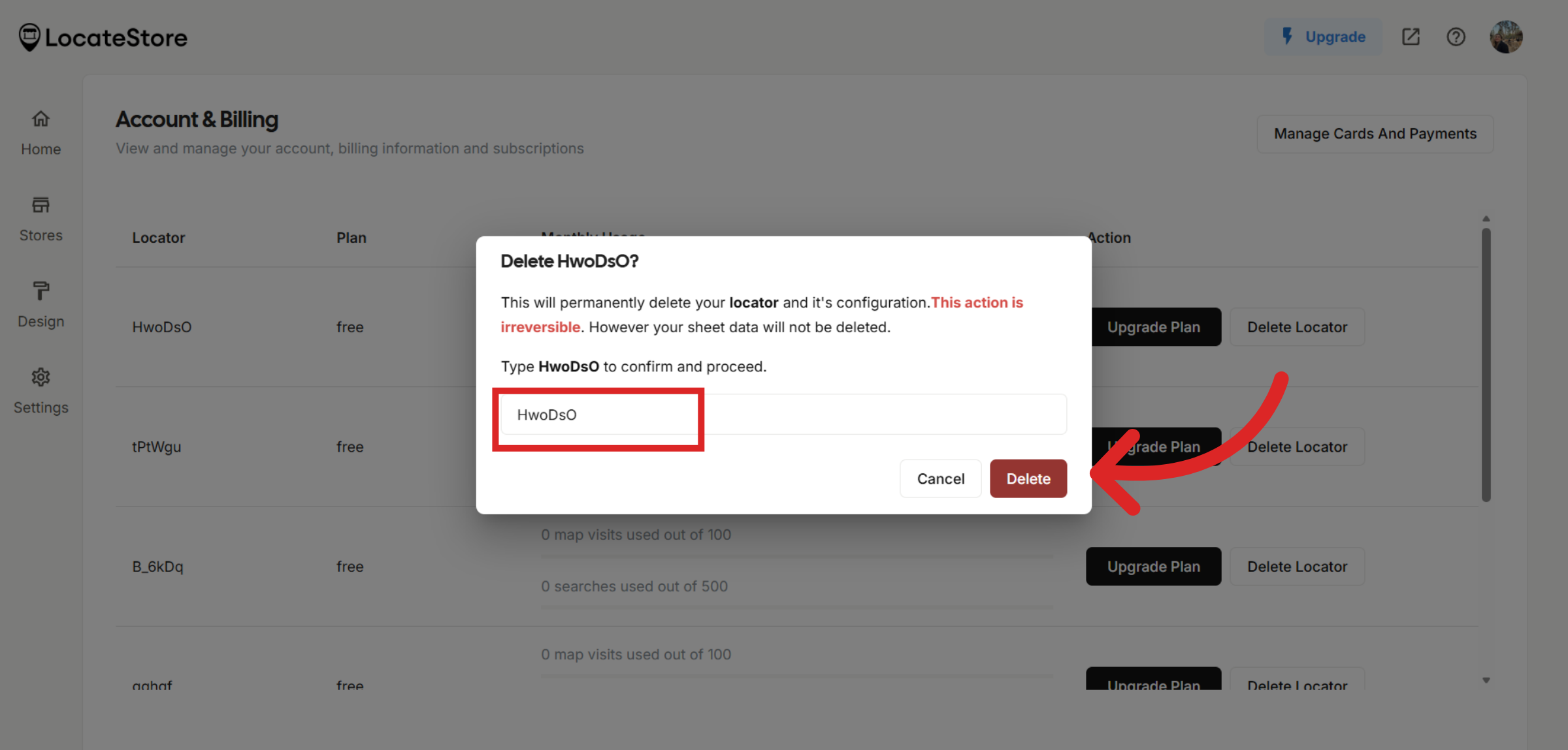 Confirm Locator Deletion