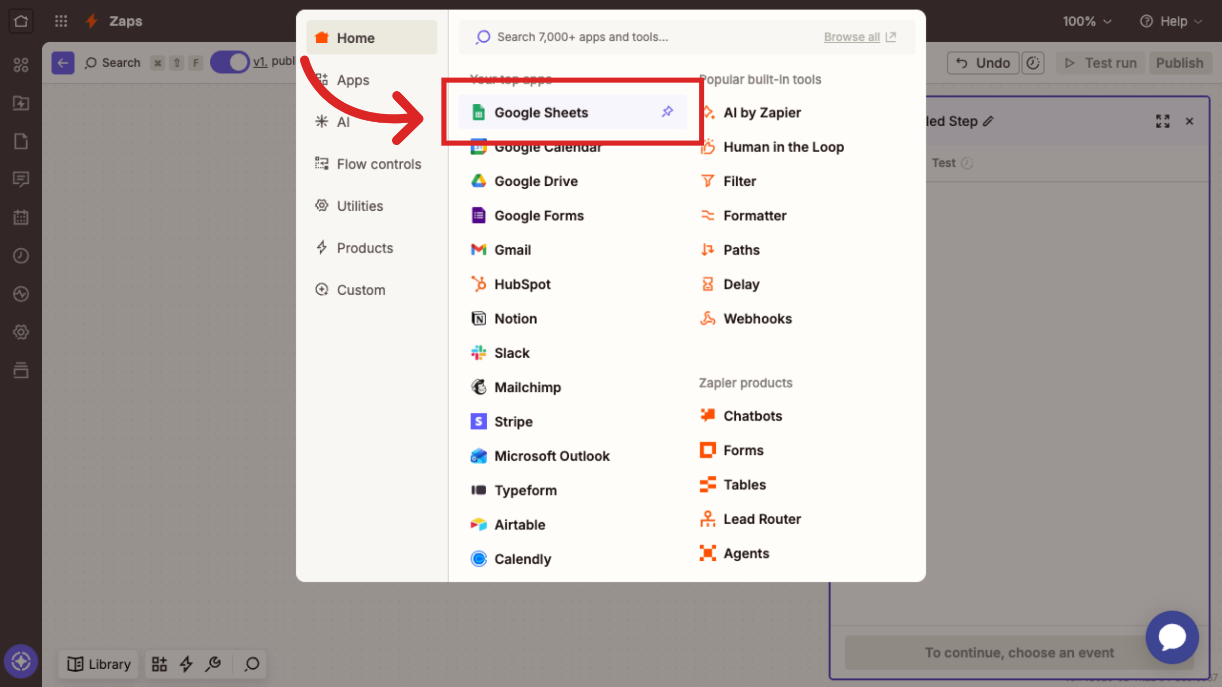 Select Google Sheets App