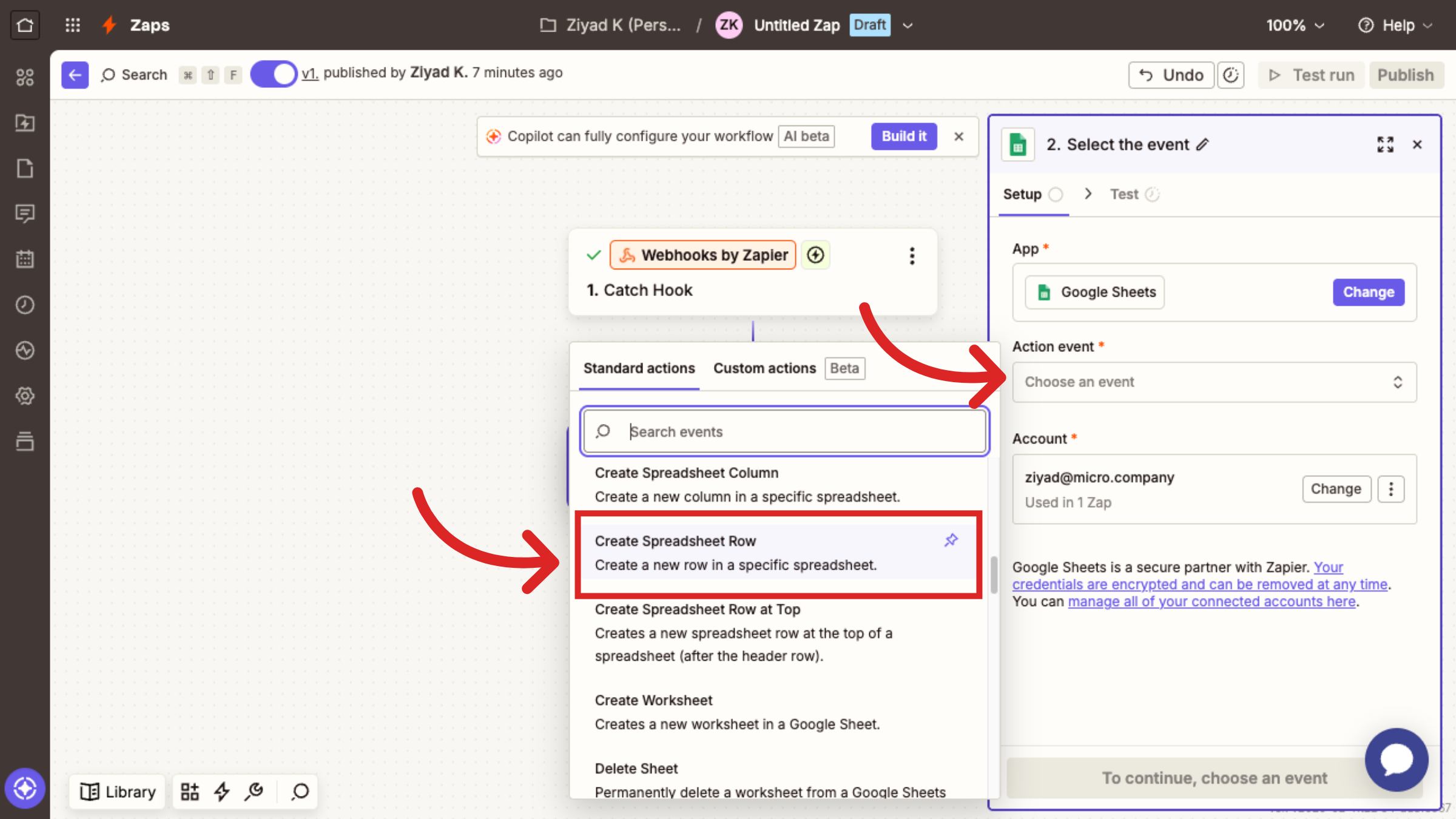 Select Create Spreadsheet Row