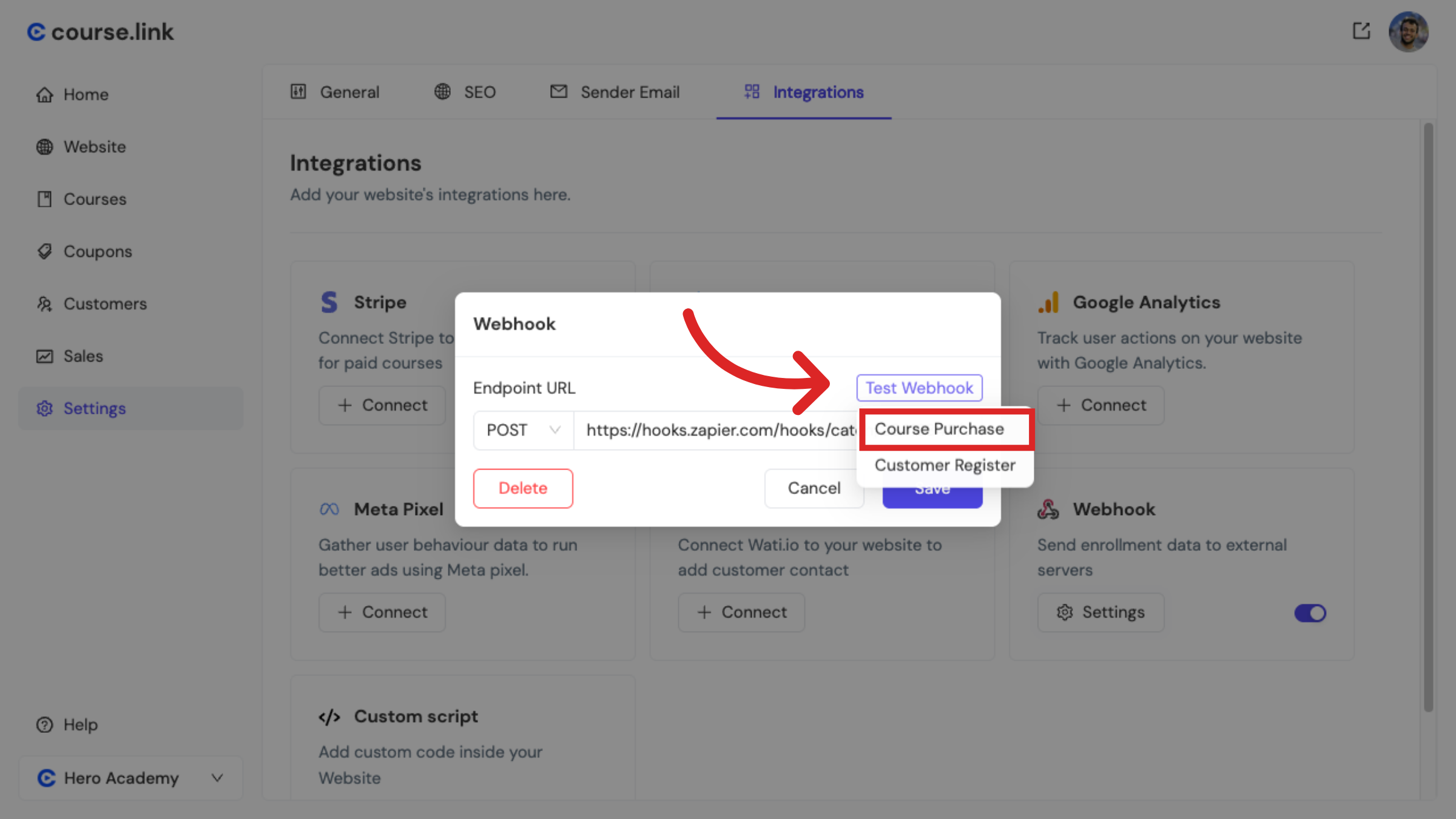 Open Test Webhook Section