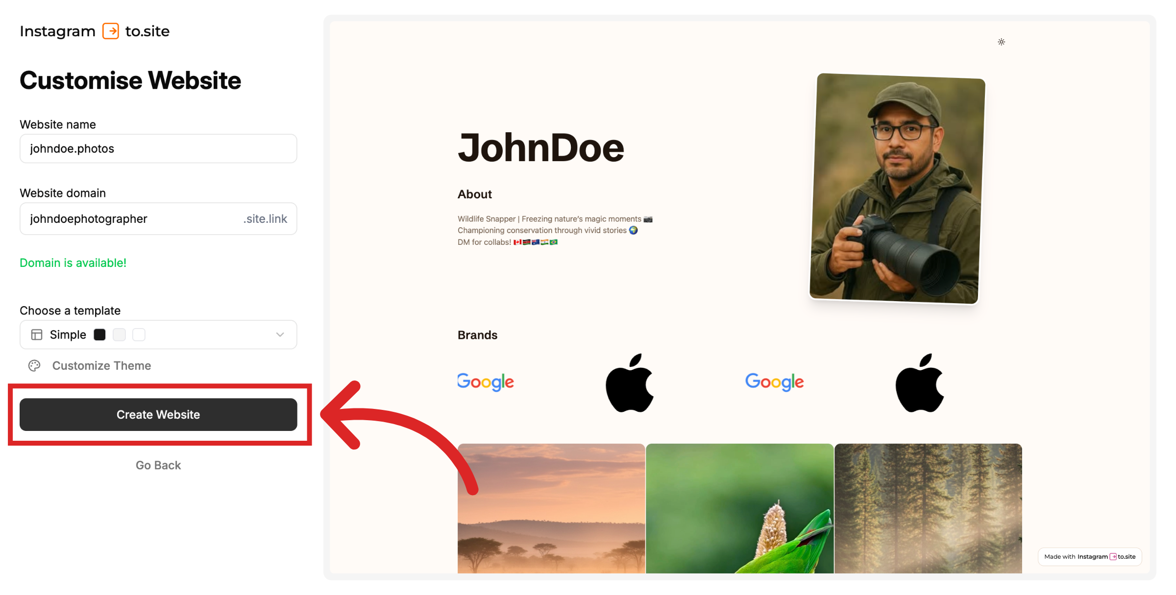Click Create Website