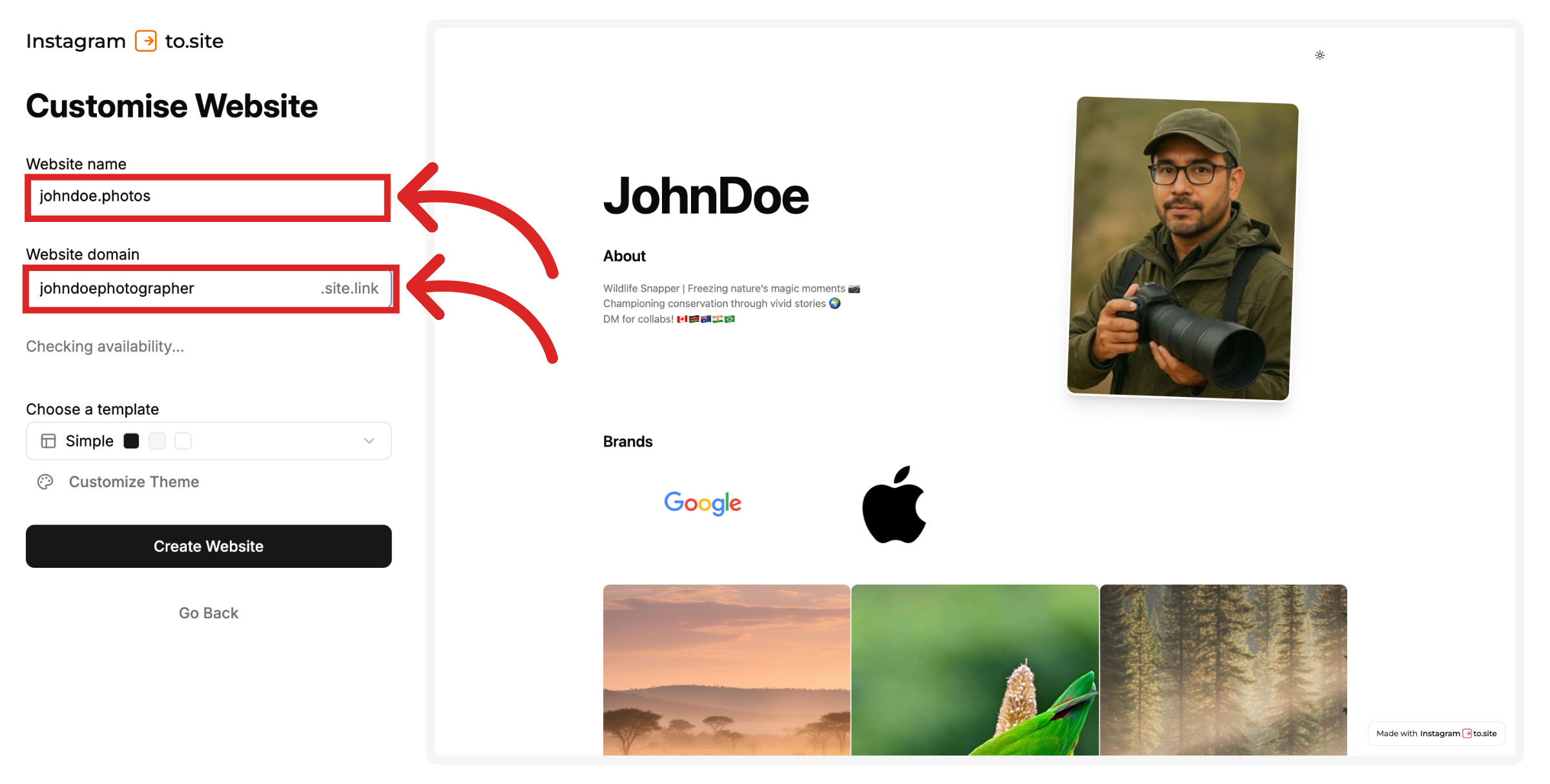 Enter Website Domain Name