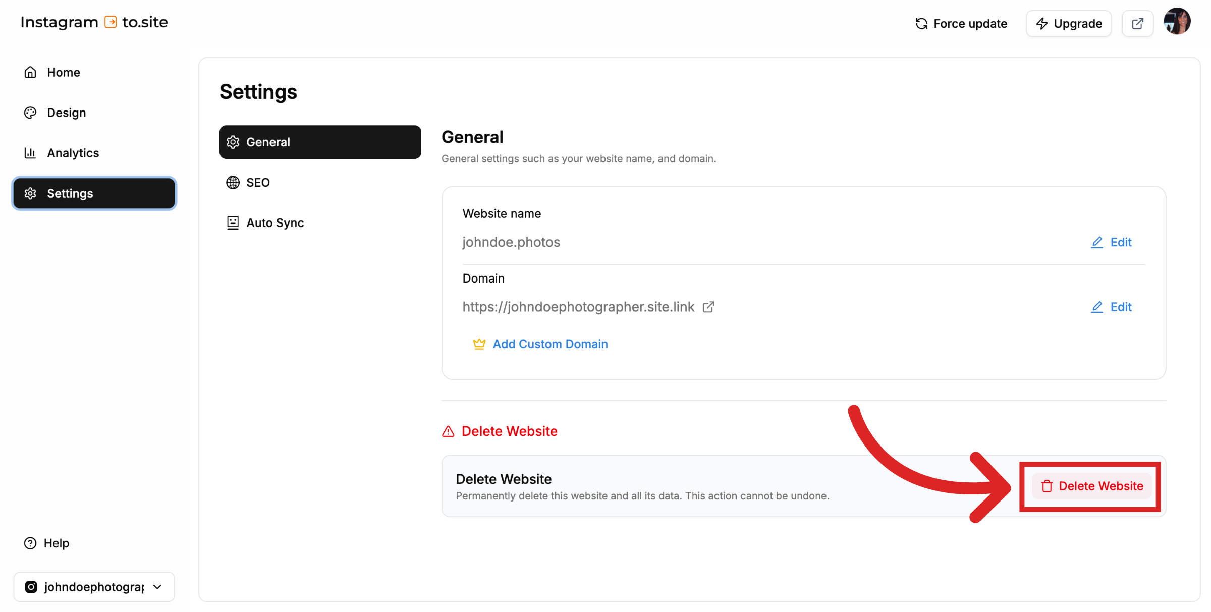 Click Delete Website Button