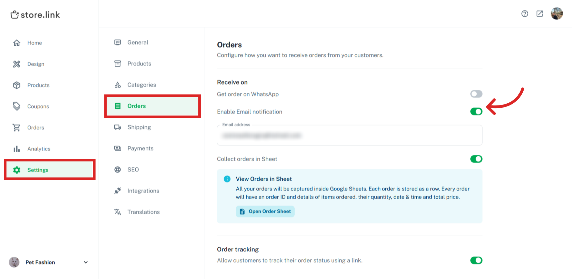 Open Store.link Dashboard