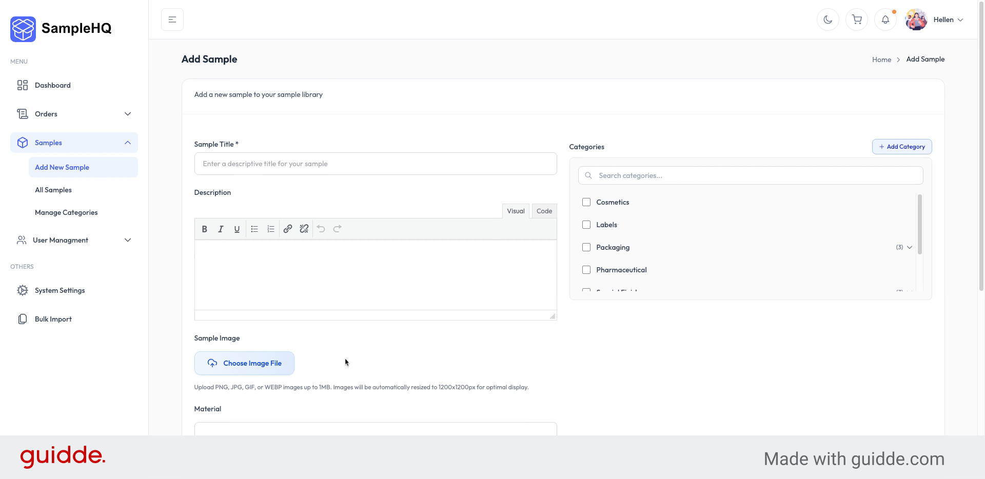 View Add New Sample Screen