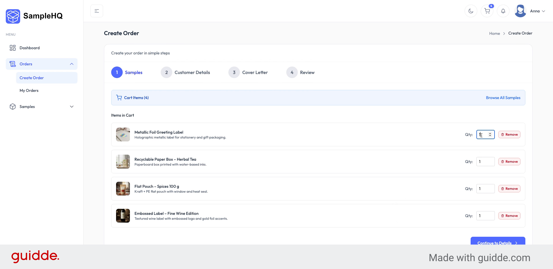 Edit Sample Quantity
