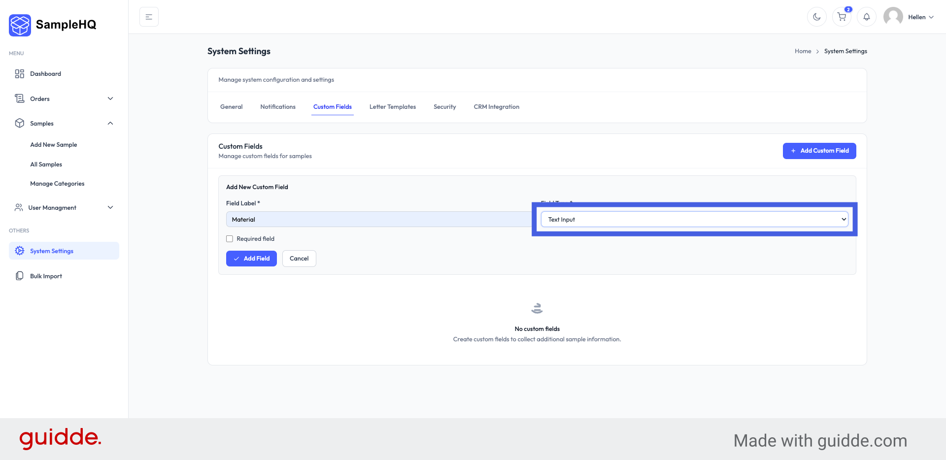 Select Custom Field Input Type