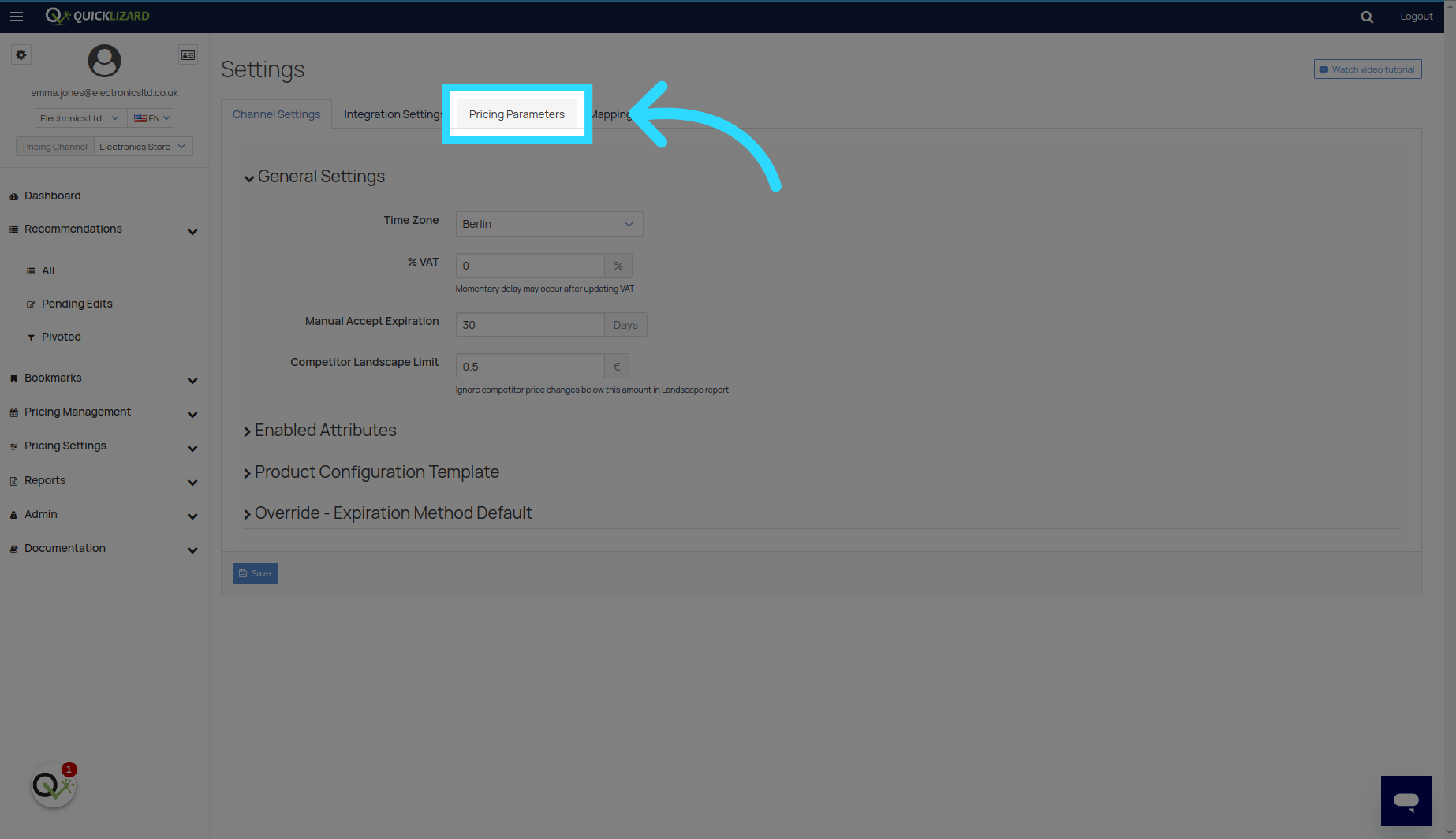 Click 'Pricing Parameters'