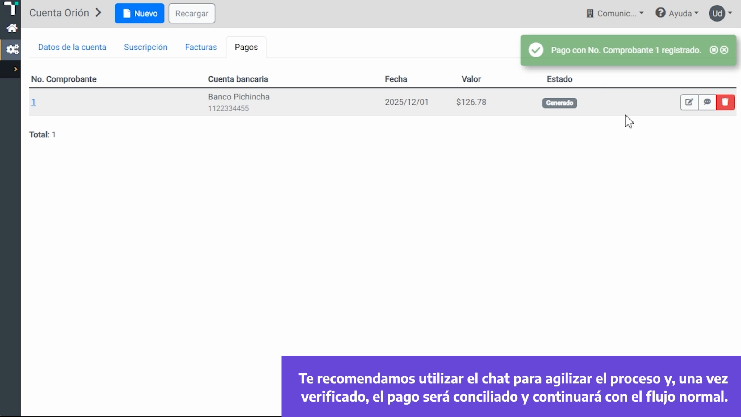 Uso del chat y verificación del pago