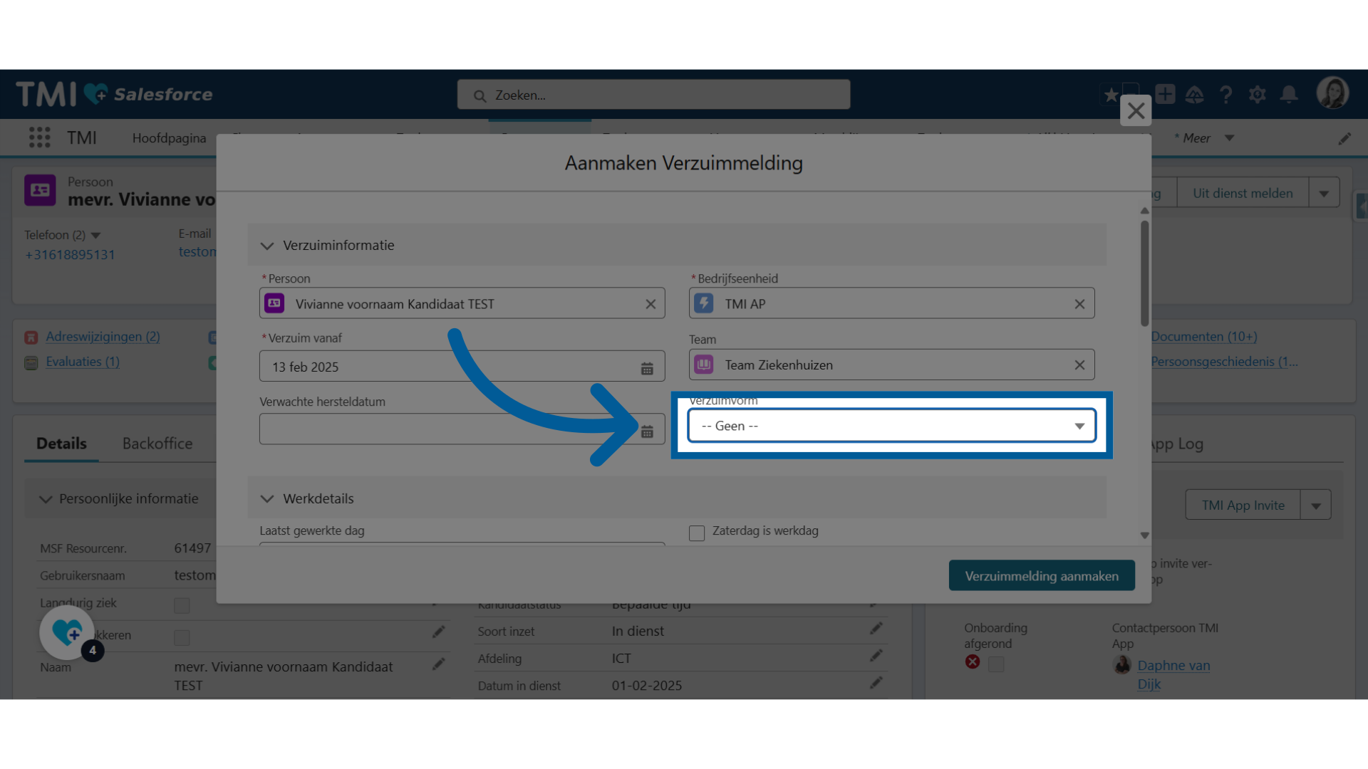 Klik 'verzuimcode' en kies de gewenste code