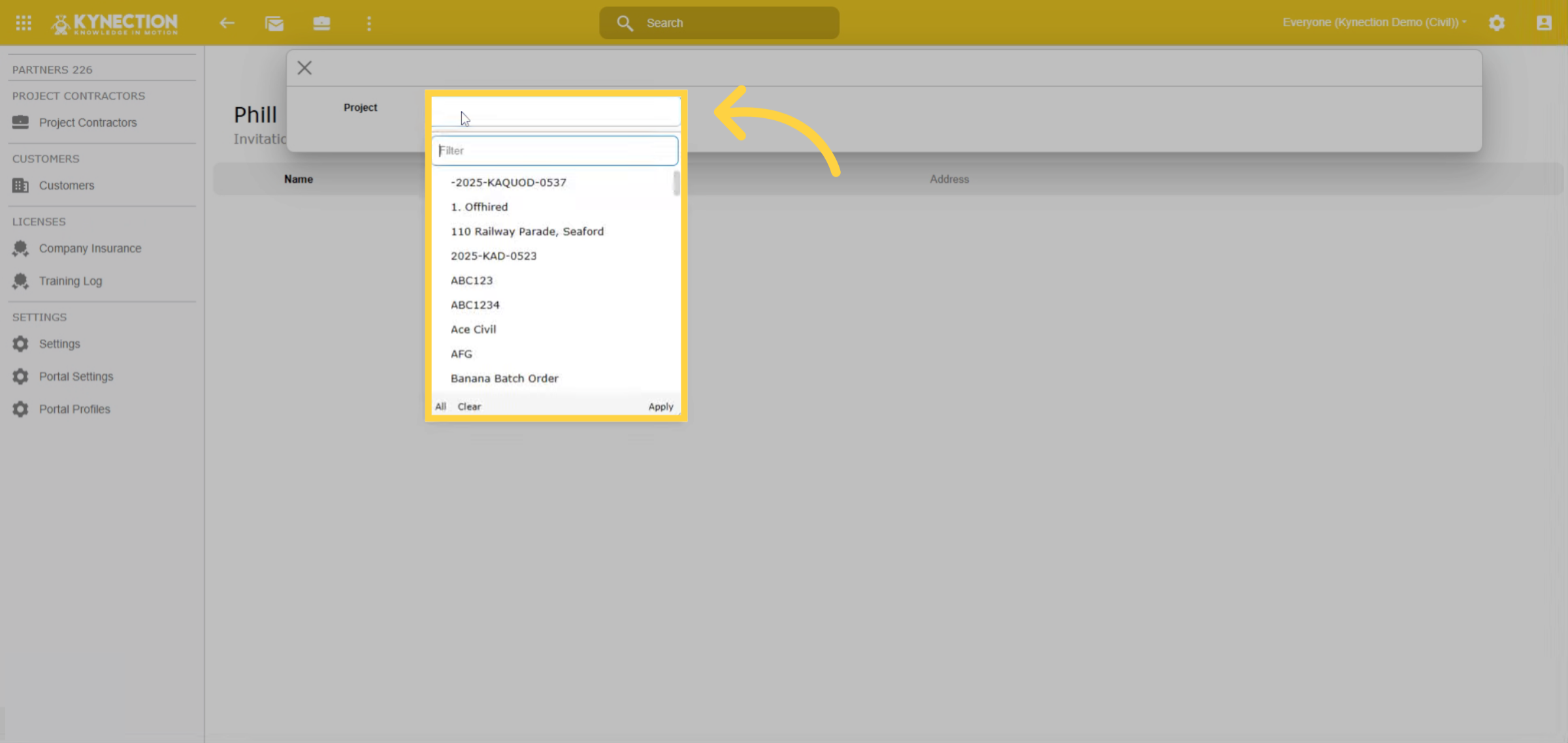 Enter Project Filter