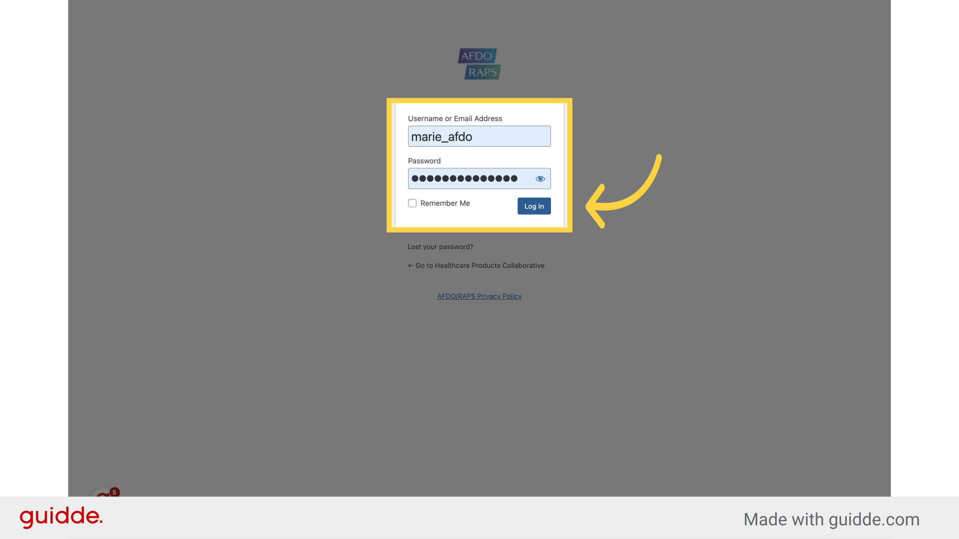Enter username and password, then click 'Log In' button